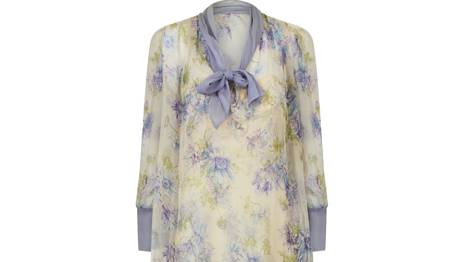 1960s Lilac and Cream Floral Silk Dress Ensemble For Sale 2