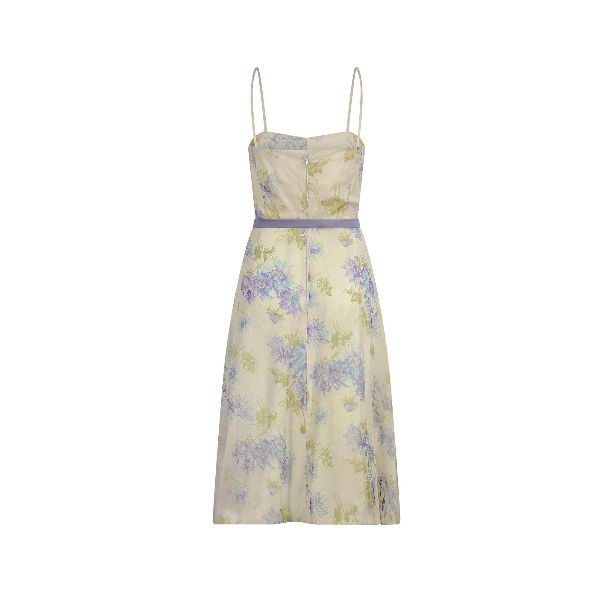 1960s Lilac and Cream Floral Silk Dress Ensemble For Sale 5