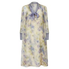1960s Lilac and Cream Floral Silk Dress Ensemble
