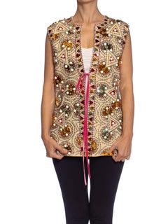 1960S LILLI ANN Cream Wool Knit Psychedelic Mod Geometric Beaded Vest