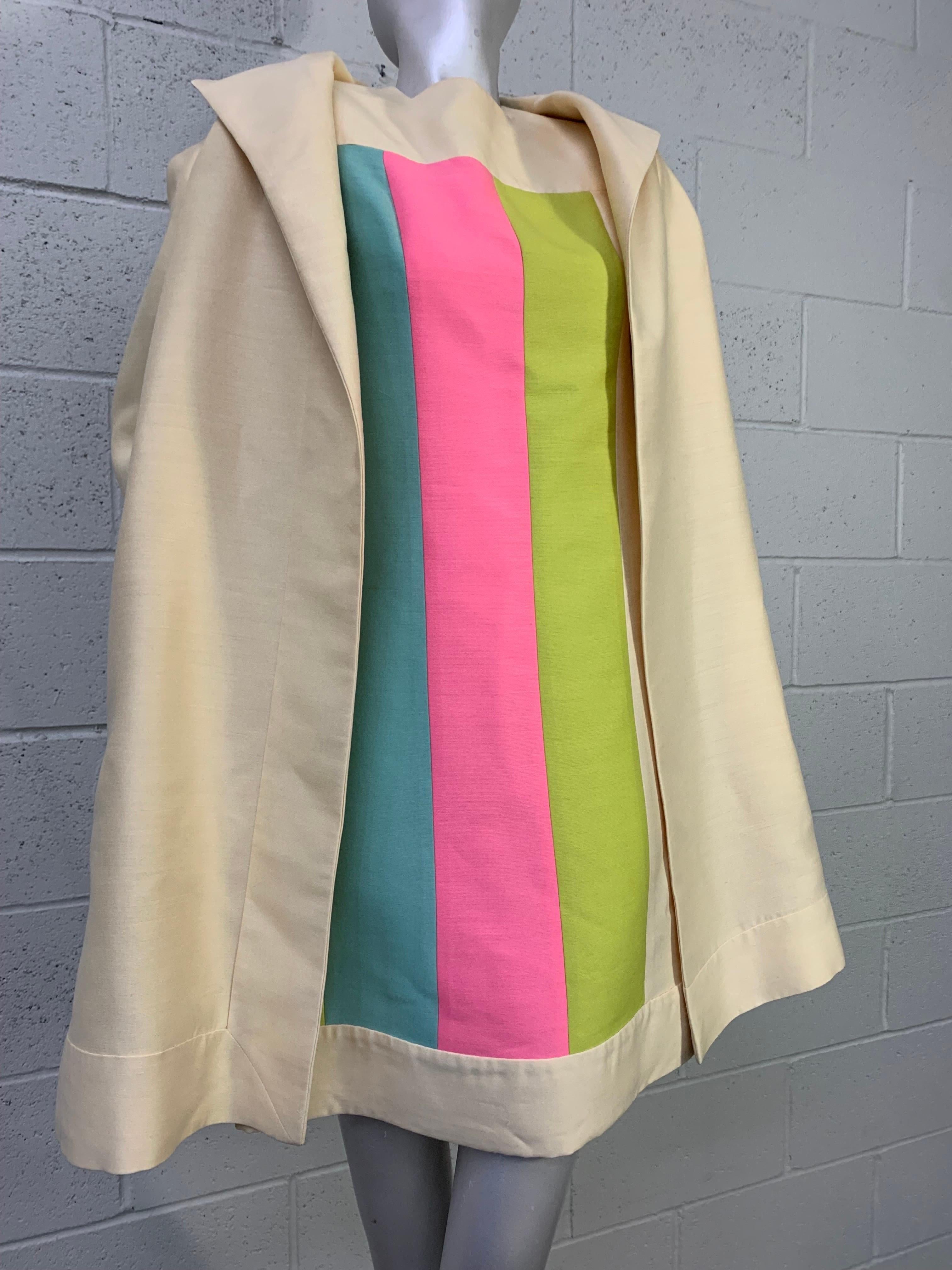 1960s Lilli Ann Mod Pastel Color-Block A-Line Dress & Trapeze Coat Ensemble: Sleeveless dress in spring-weight cream silk and wool blend with vertical pink, turquoise and chartreuse blocks. Banded hem, neckline and armholes. Fully lined. Zipper