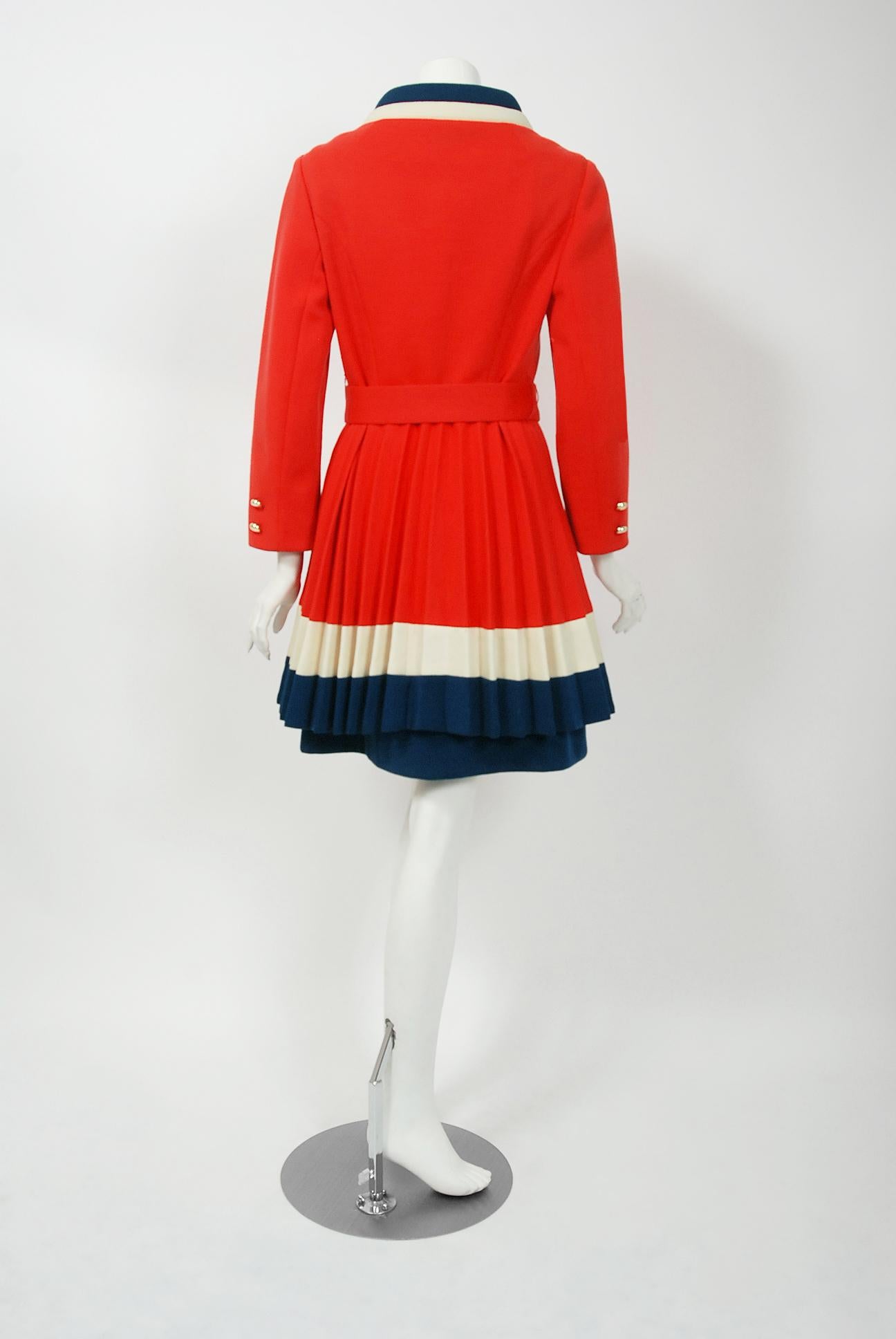 1960's Lilli Ann Red White & Blue Wool Knit Mod Sleeveless Dress & Pleated Coat  3