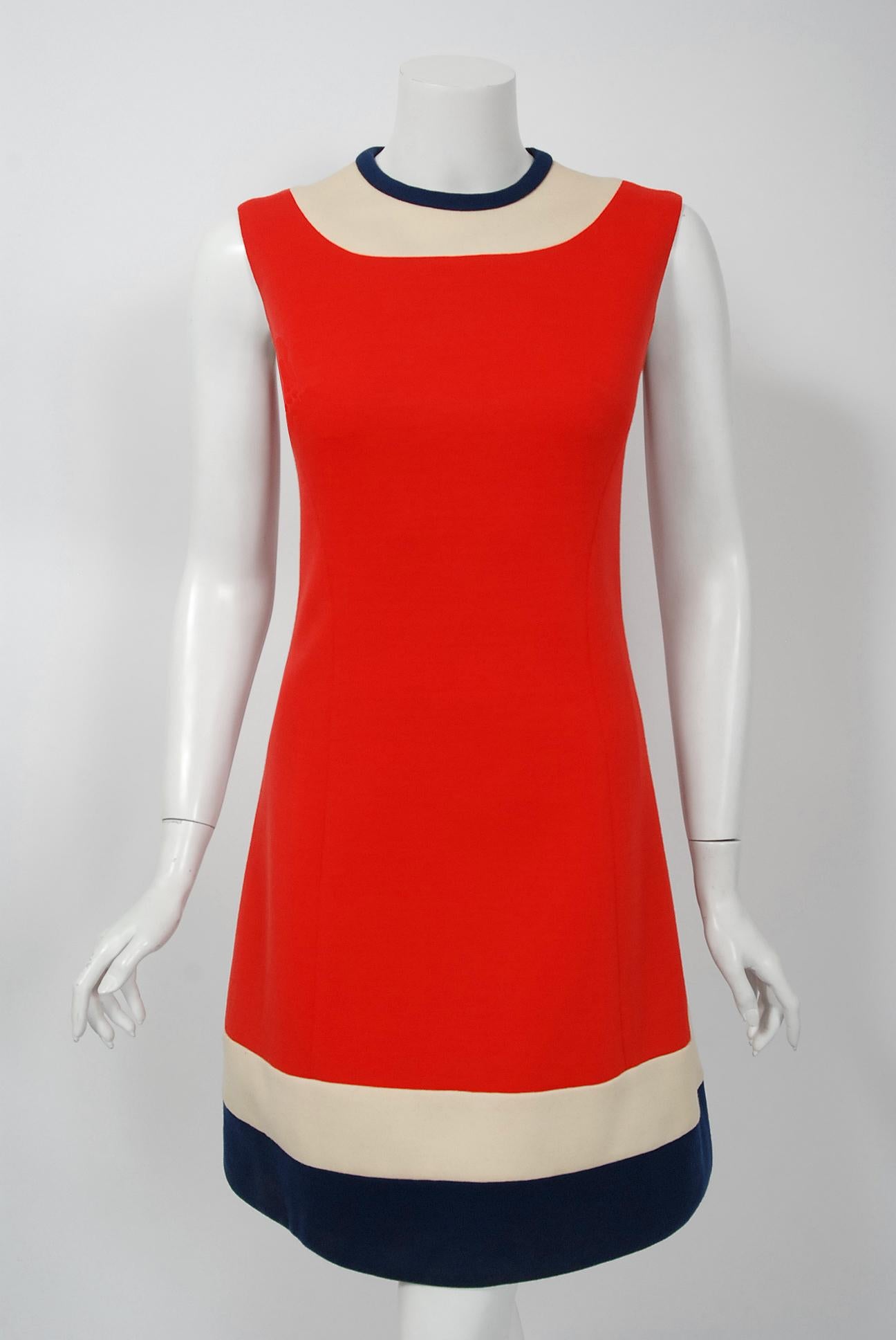 Women's 1960's Lilli Ann Red White & Blue Wool Knit Mod Sleeveless Dress & Pleated Coat 