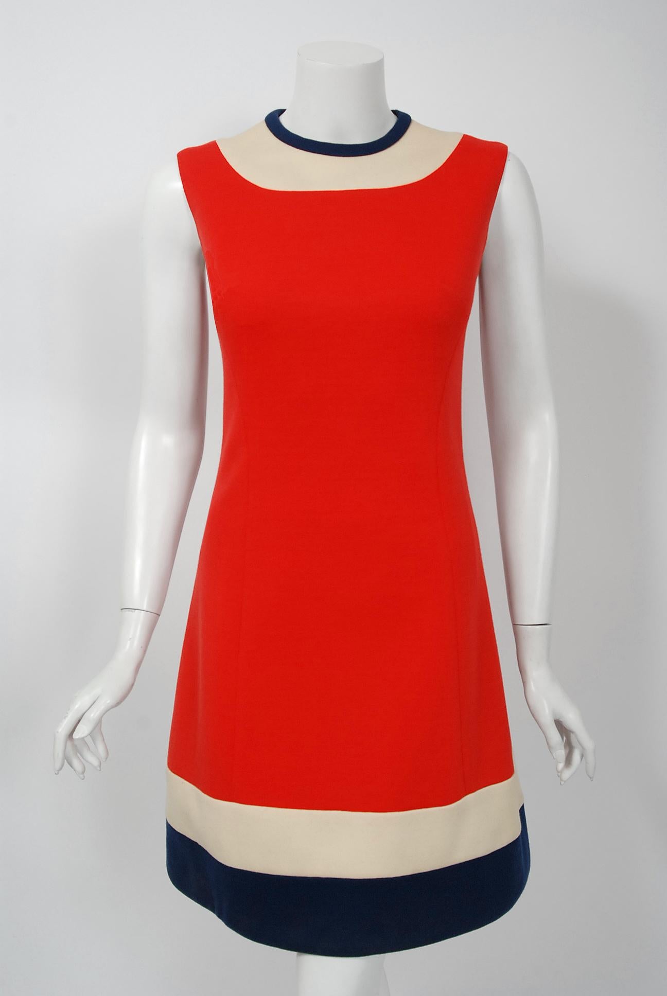 Women's 1960's Lilli Ann Red White & Blue Wool Knit Mod Sleeveless Dress & Pleated Coat