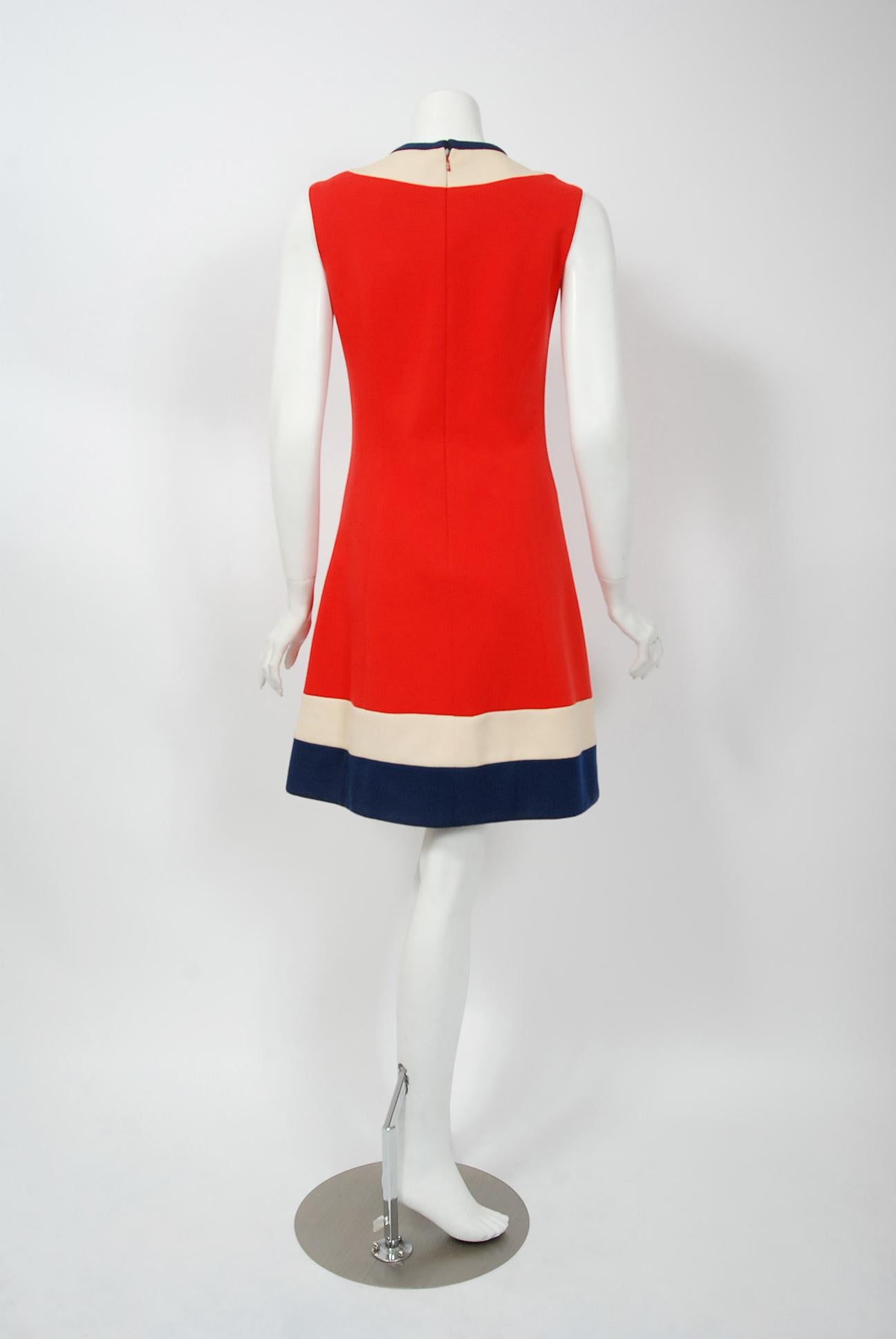 1960's Lilli Ann Red White & Blue Wool Knit Mod Sleeveless Dress & Pleated Coat  1