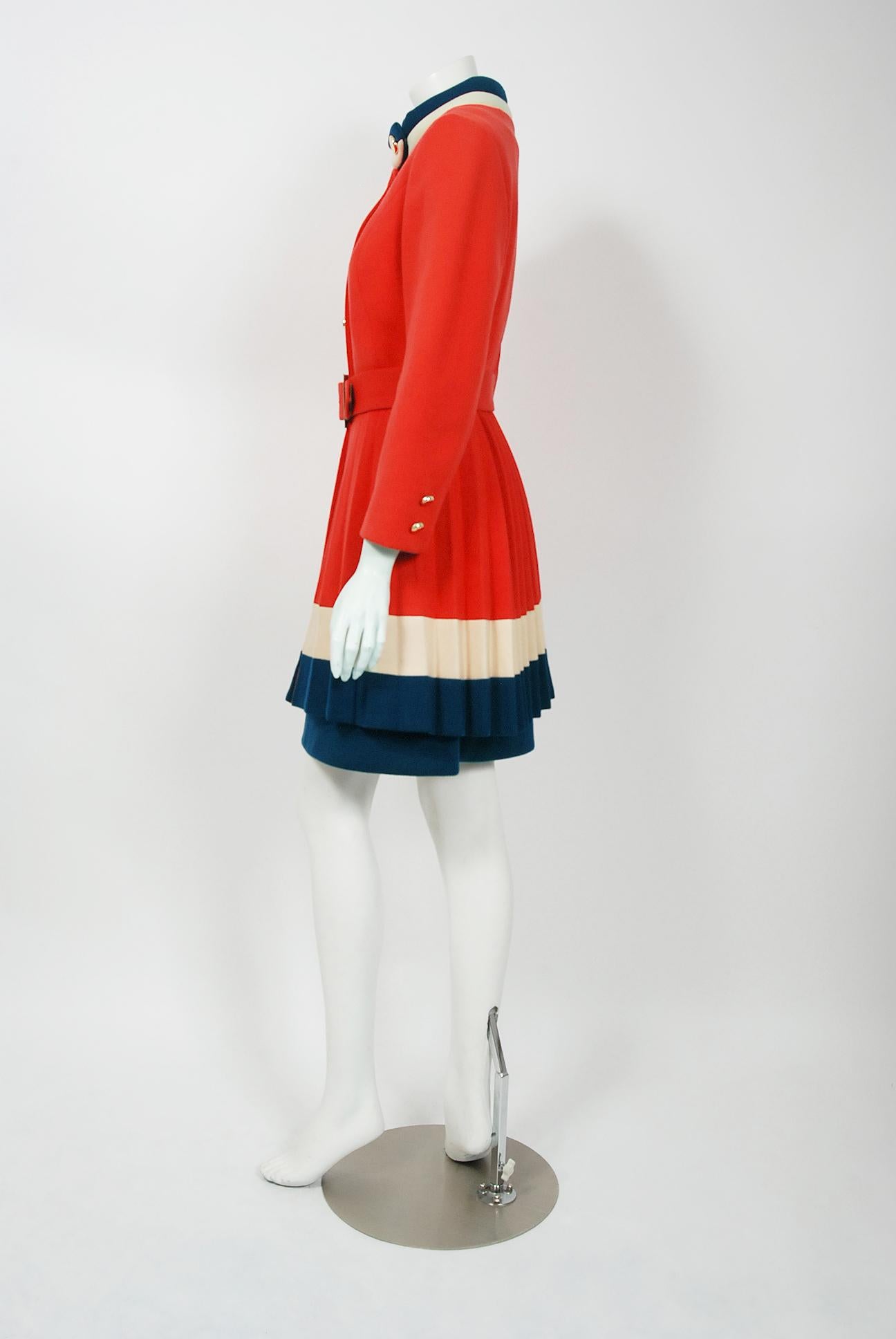 1960's Lilli Ann Red White & Blue Wool Knit Mod Sleeveless Dress & Pleated Coat  2