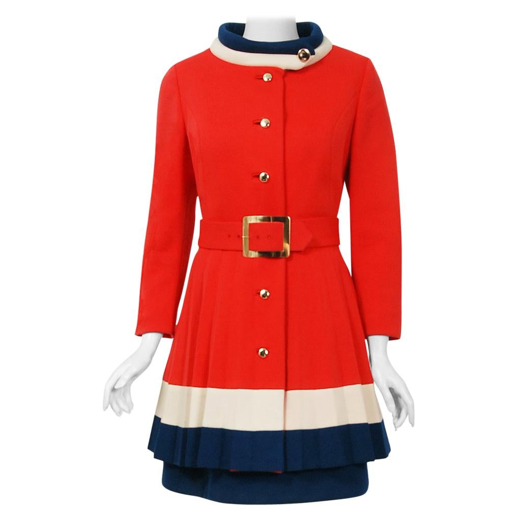1960's Lilli Ann Red White & Blue Wool Knit Mod Sleeveless Dress & Pleated Coat 