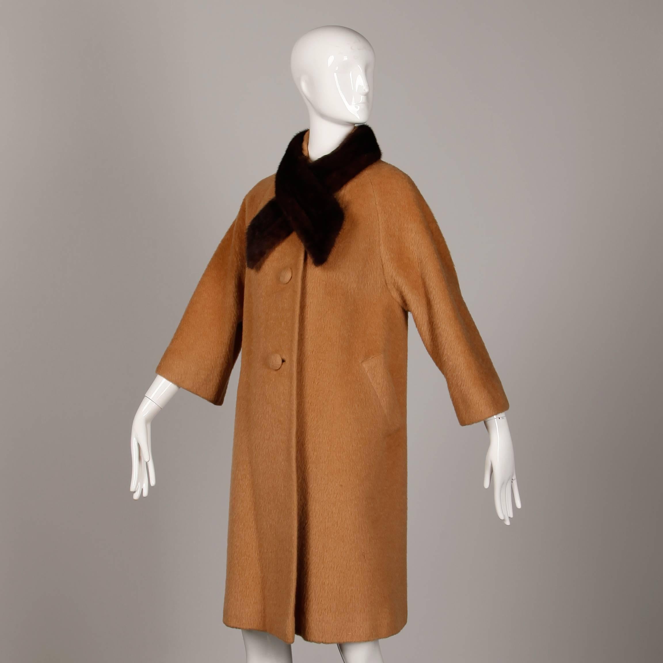 Brown 1960s Lilli Ann Vintage Camel Wool Coat with Mink Fur Collar