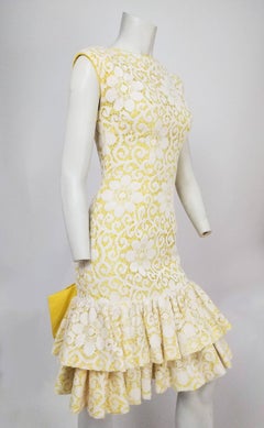 Lilli Diamond Yellow Drop-waist Ruffle Cocktail Dress with Lace Overlay, 1960s