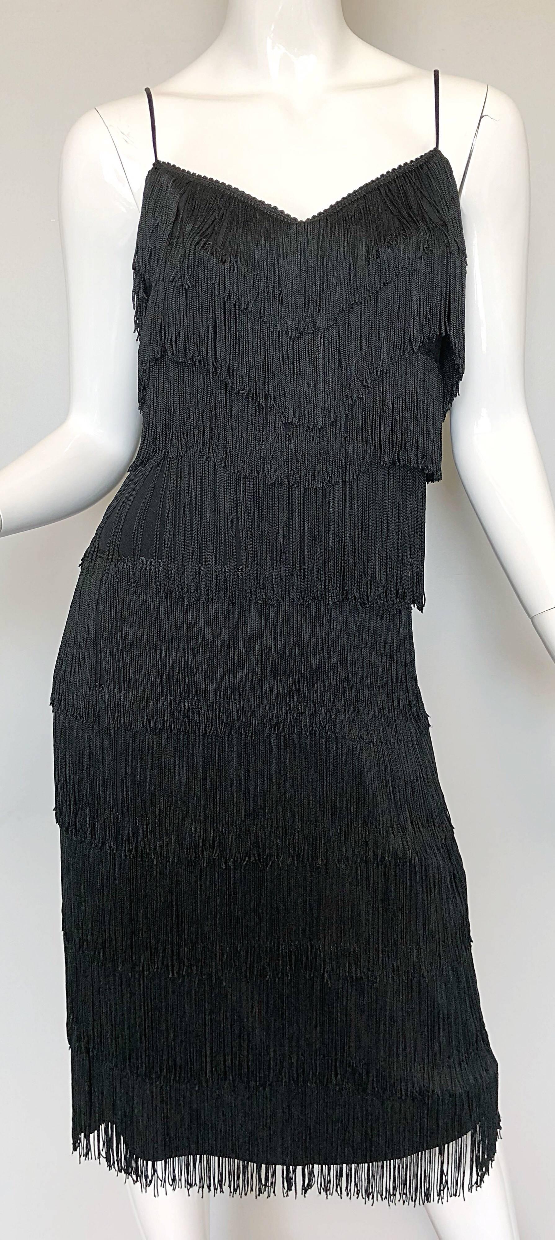 Women's 1970s Lilli Diamond Black Fully Fringed Vintage Flapper Style 70s Cocktail Dress For Sale