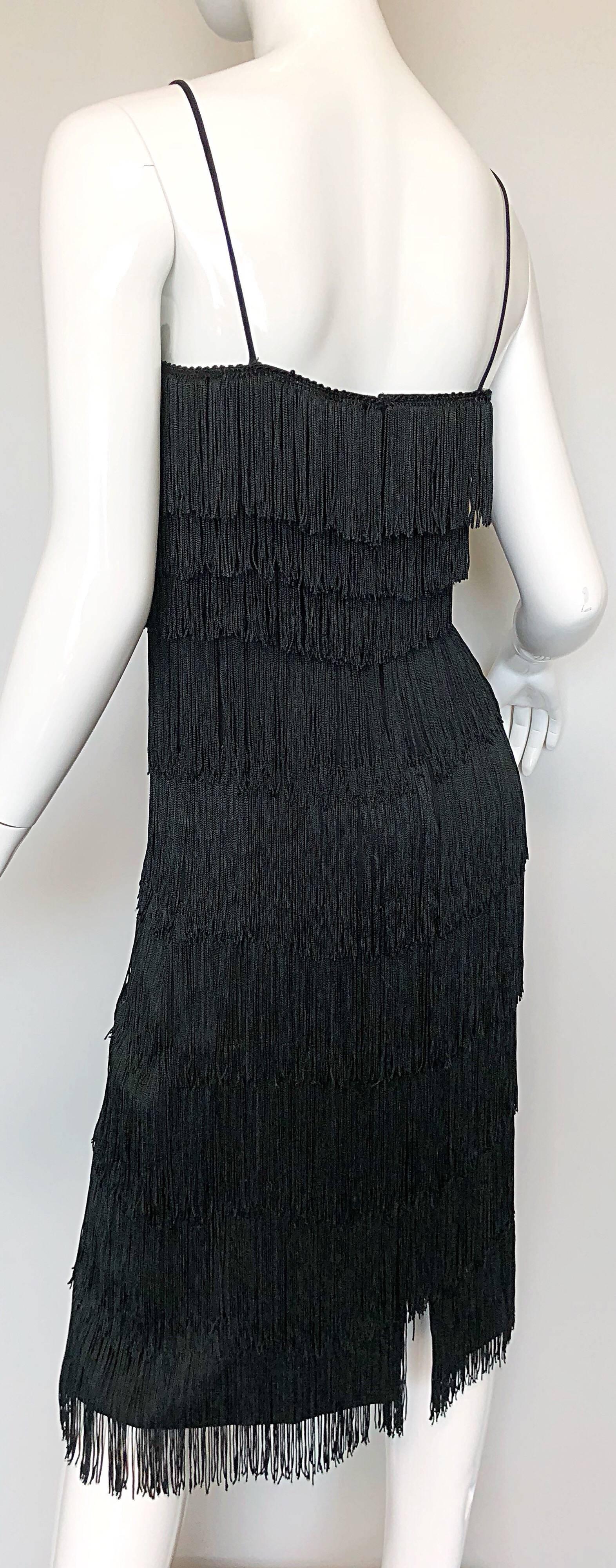 1970s Lilli Diamond Black Fully Fringed Vintage Flapper Style 70s Cocktail Dress For Sale 1