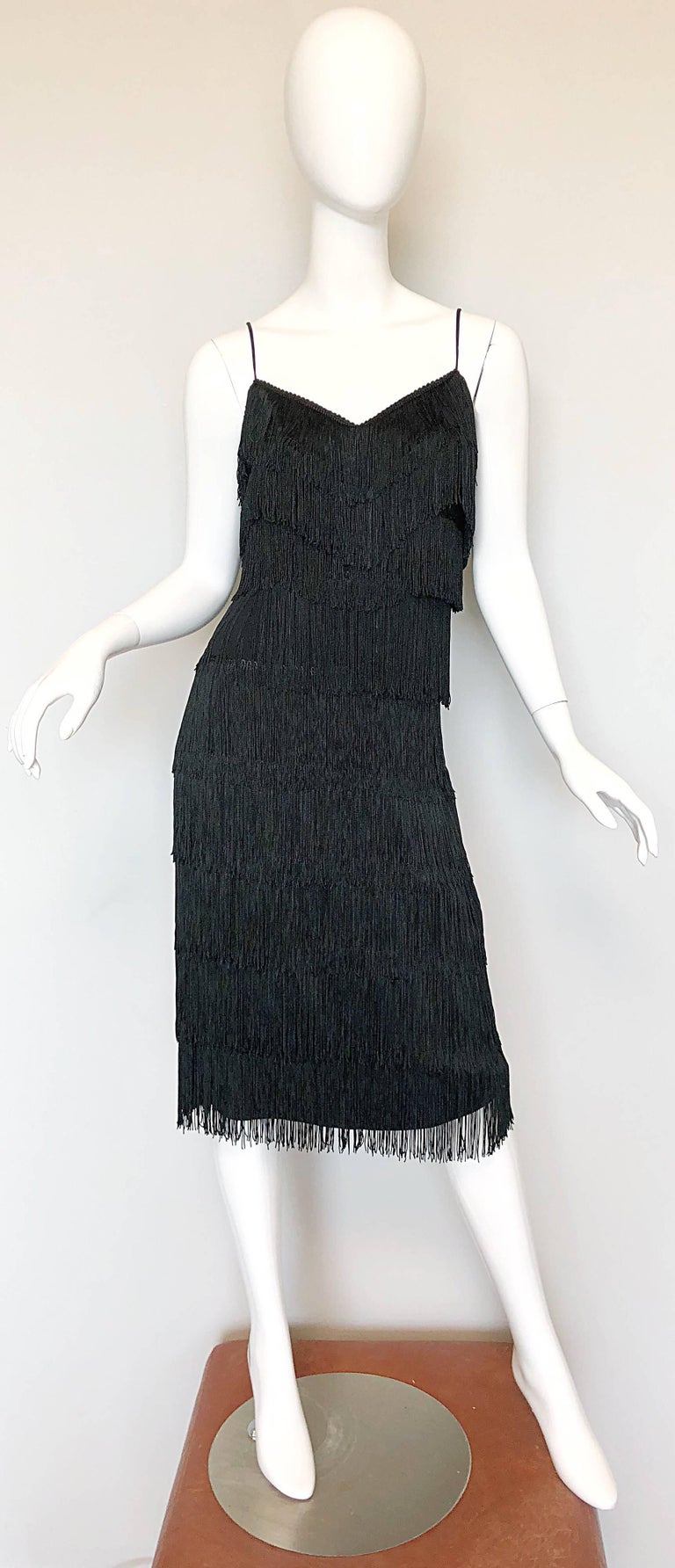 1970s Lilli Diamond Black Fully Fringed Vintage Flapper Style 70s Cocktail Dress