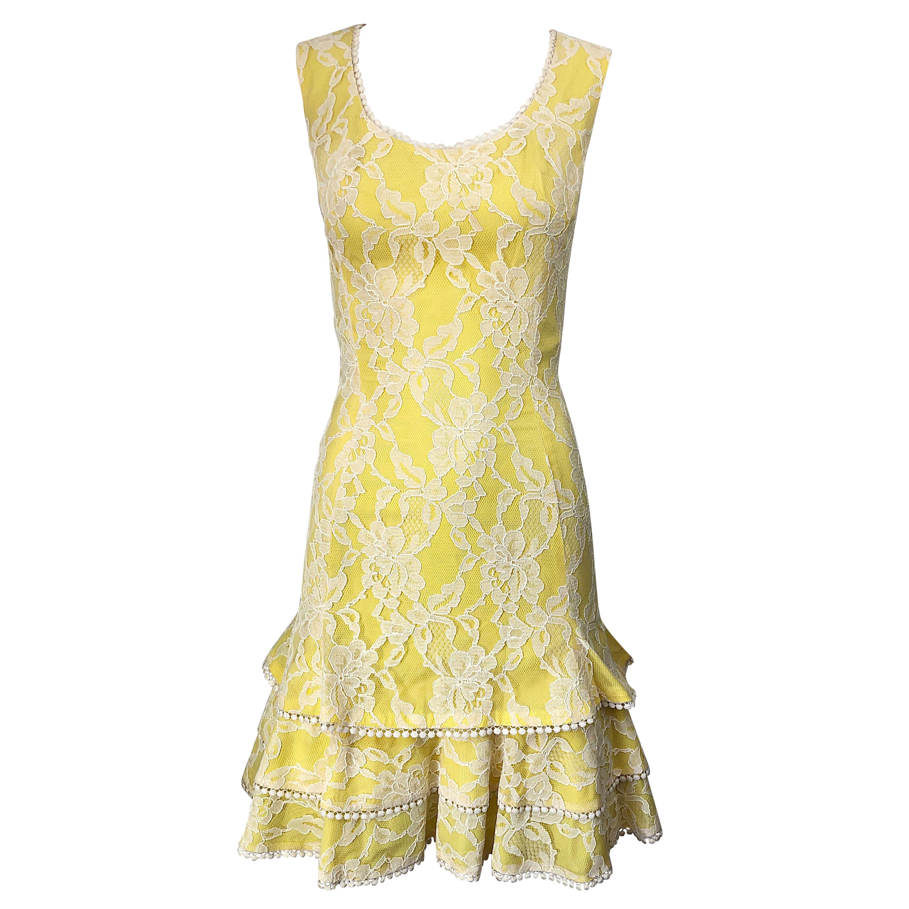 1960s Lilli Diamond Canary Yellow and White Lace Silk Vintage 60s Dress