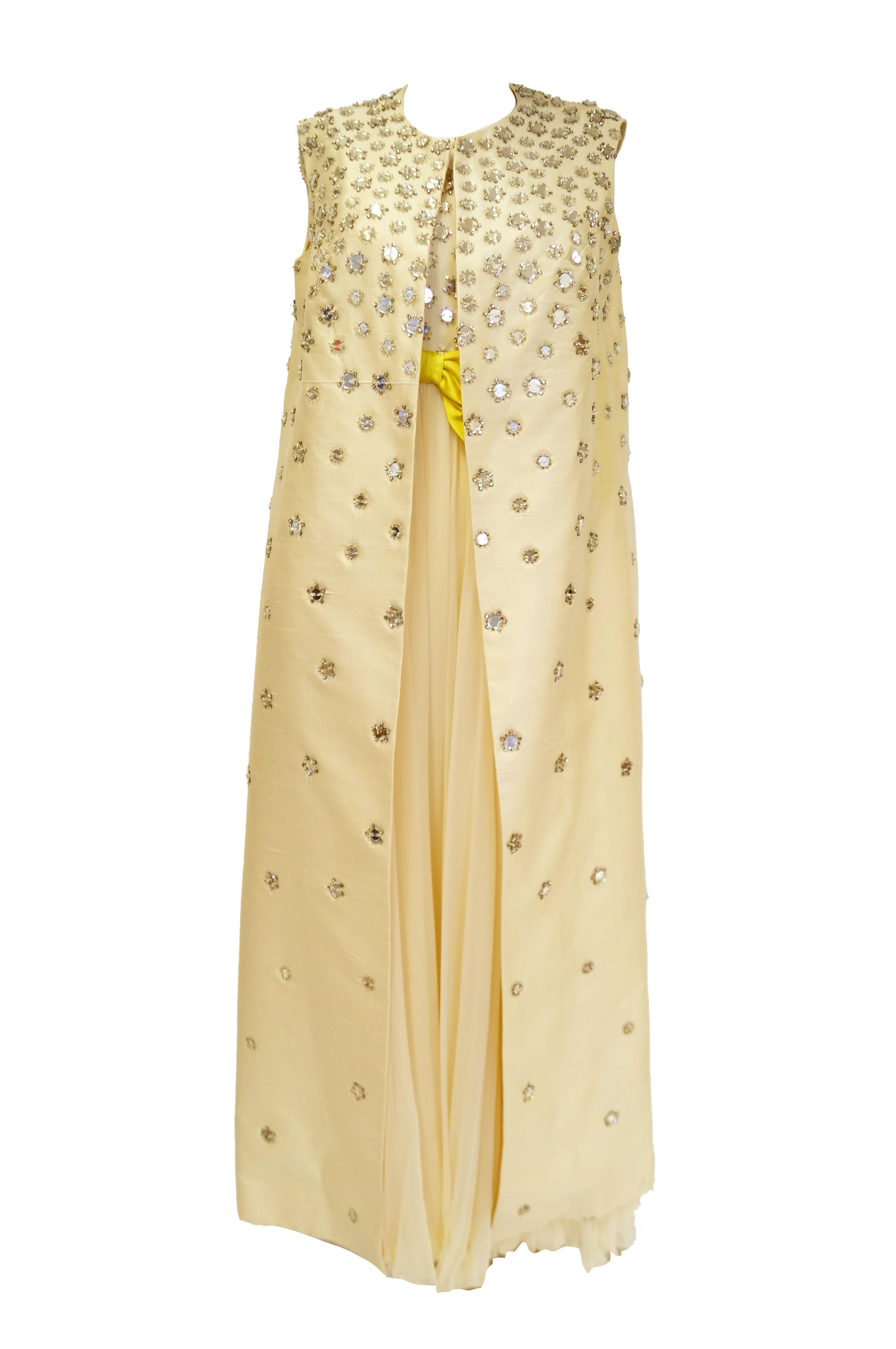 1960s Lillie Rubin Cream Dress with Neon Yellow Bow and Mirror Sequin Detail 8