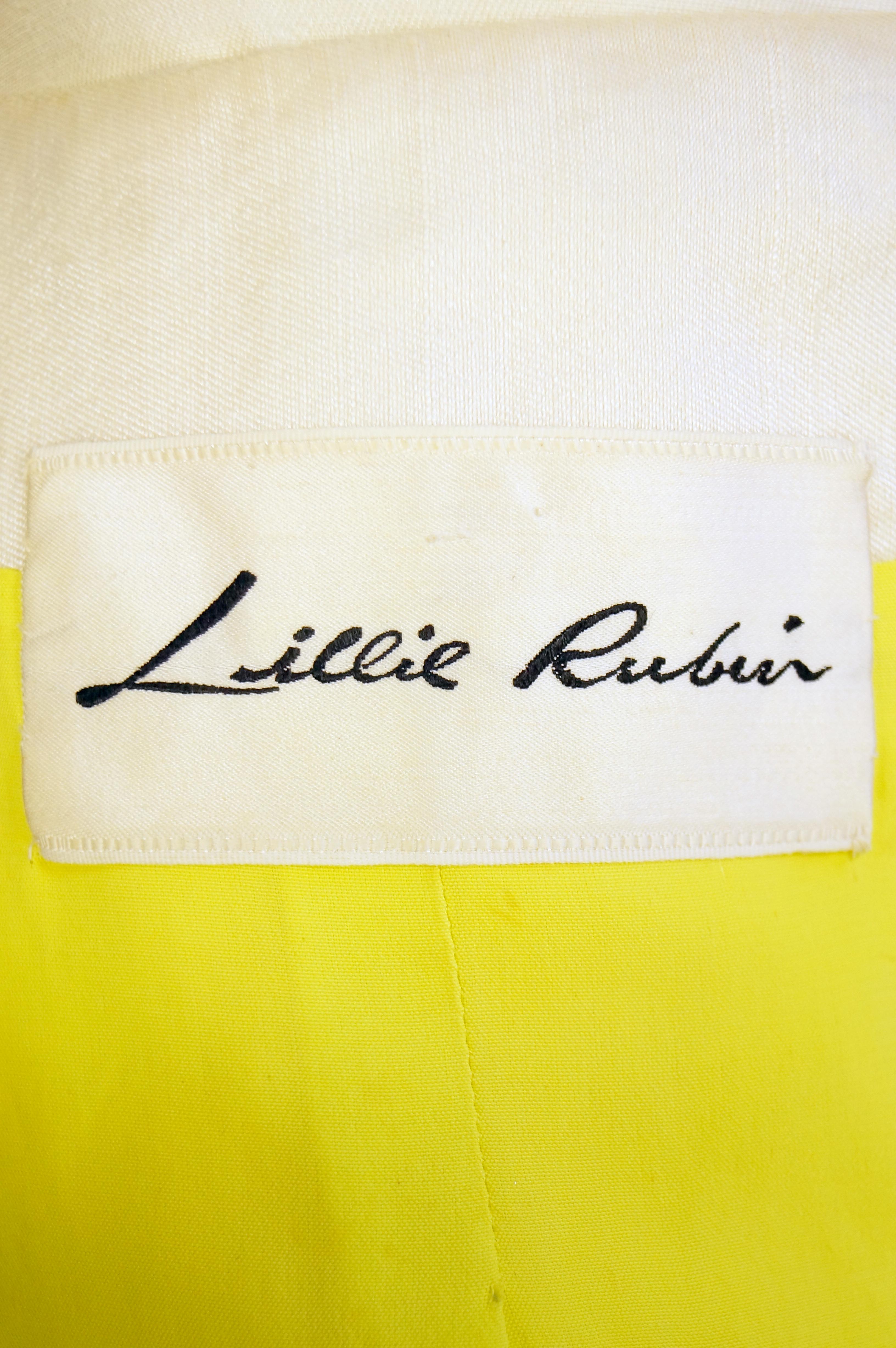  1960s Lillie Rubin Cream Dress with Neon Yellow Bow and Mirror Sequin Detail 9