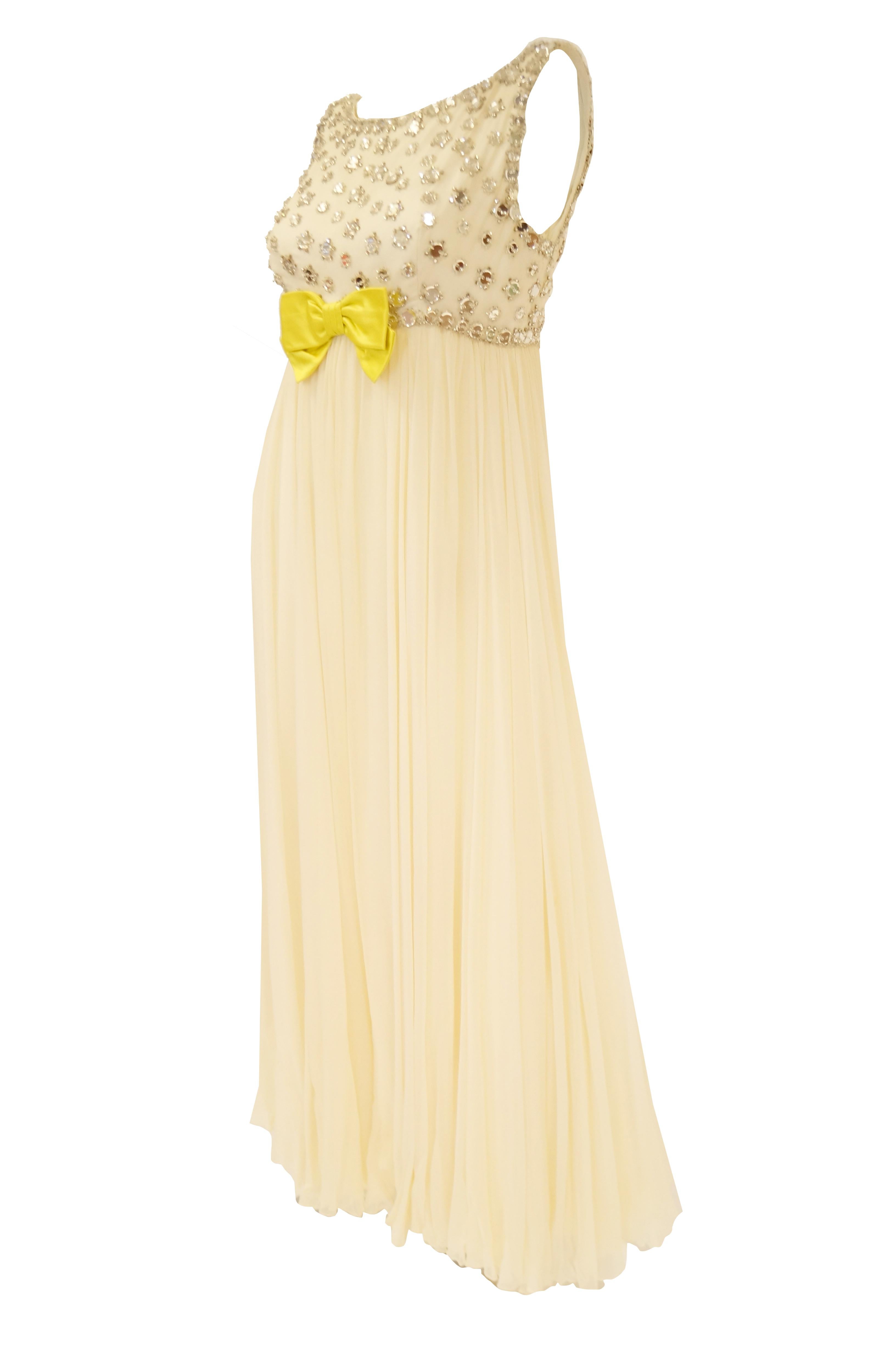 1960s Lillie Rubin Cream Dress with Neon Yellow Bow and Mirror Sequin Detail In Excellent Condition In Houston, TX