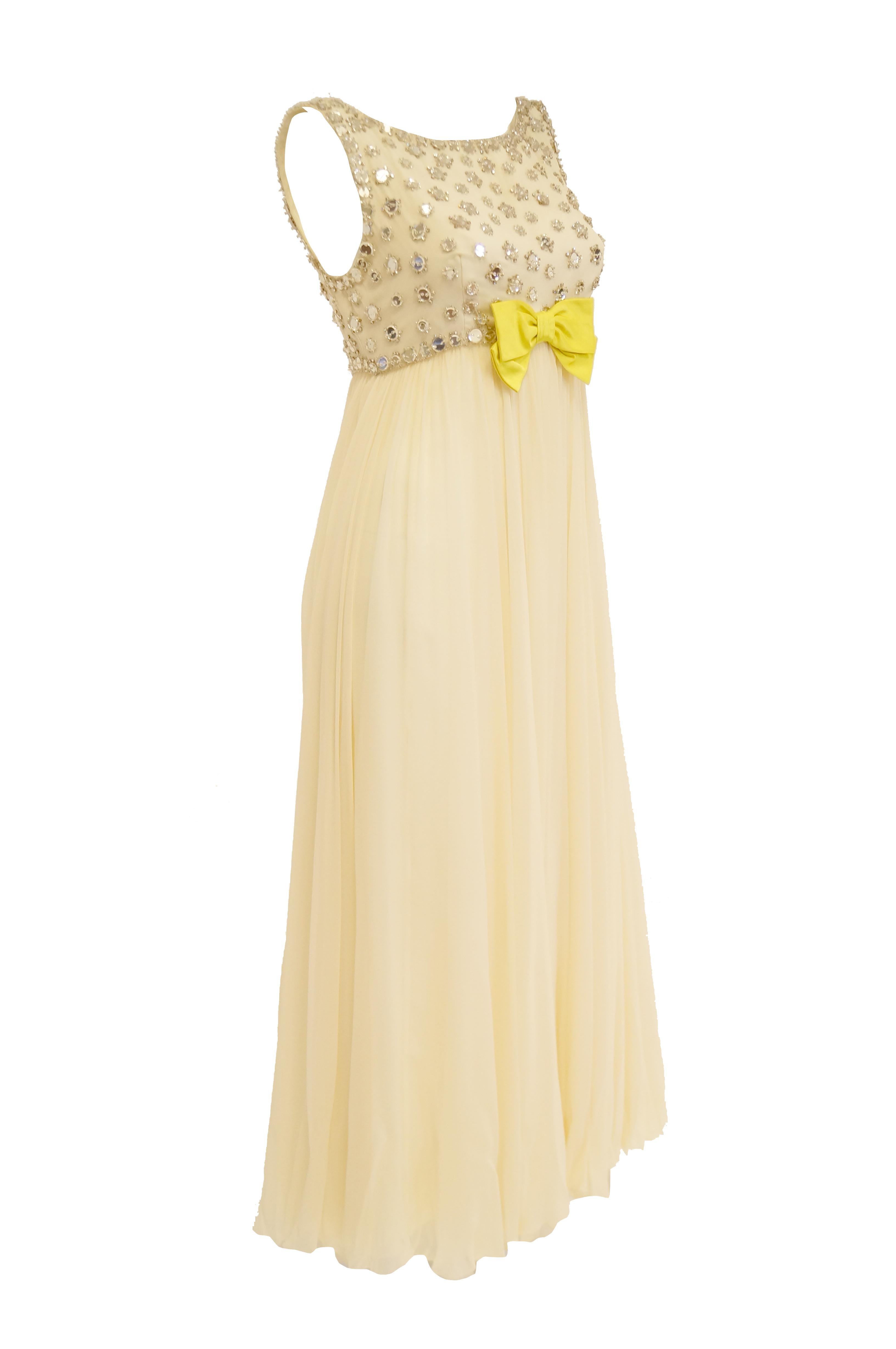 Women's  1960s Lillie Rubin Cream Dress with Neon Yellow Bow and Mirror Sequin Detail