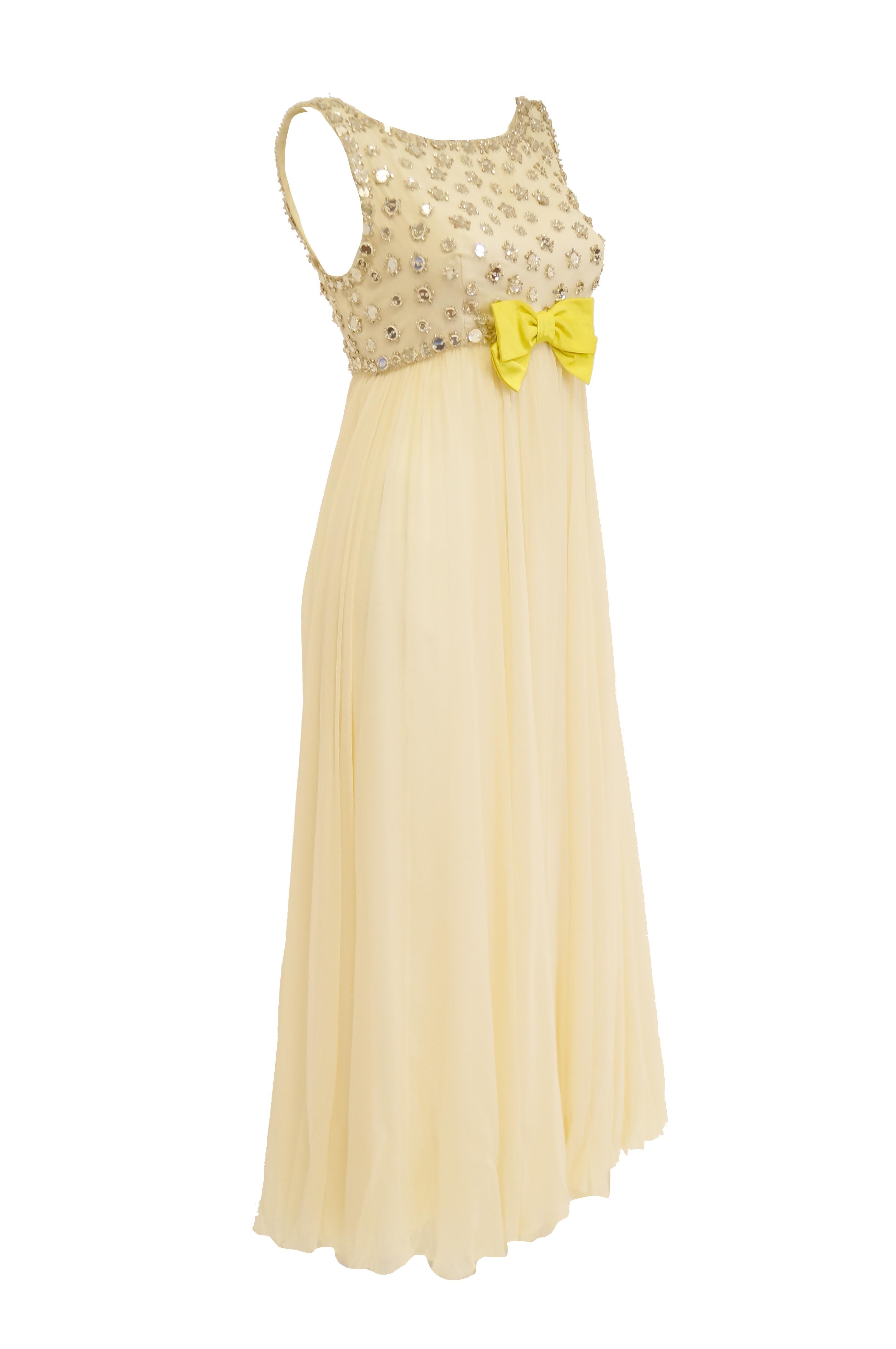 Women's 1960s Lillie Rubin Cream Dress with Neon Yellow Bow and Mirror Sequin Detail