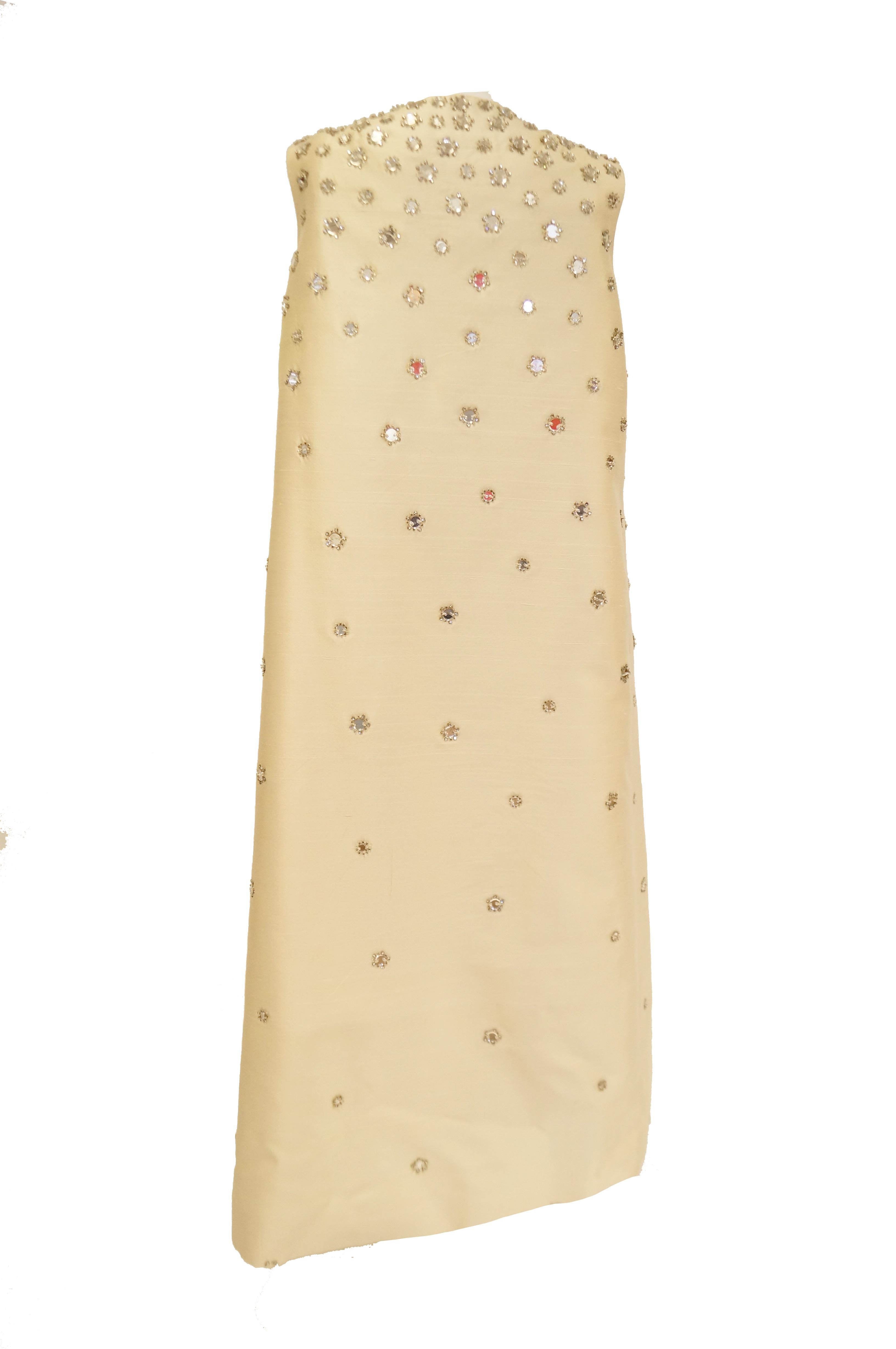 1960s Lillie Rubin Cream Dress with Neon Yellow Bow and Mirror Sequin Detail 4