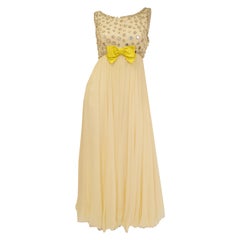  1960s Lillie Rubin Cream Dress with Neon Yellow Bow and Mirror Sequin Detail