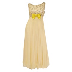 1960s Lillie Rubin Cream Dress with Neon Yellow Bow and Mirror Sequin Detail