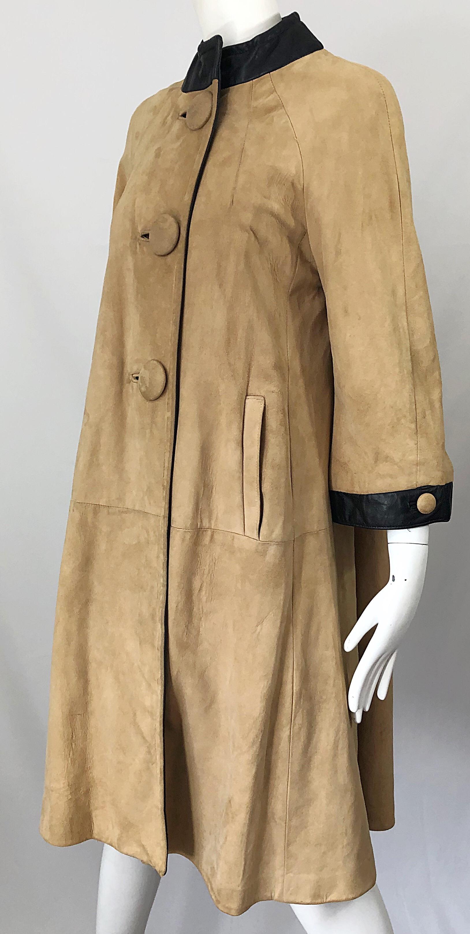 1960s Lillie Rubin Tan + Black Suede and Leather Vintage 60s Swing Jacket Coat 3