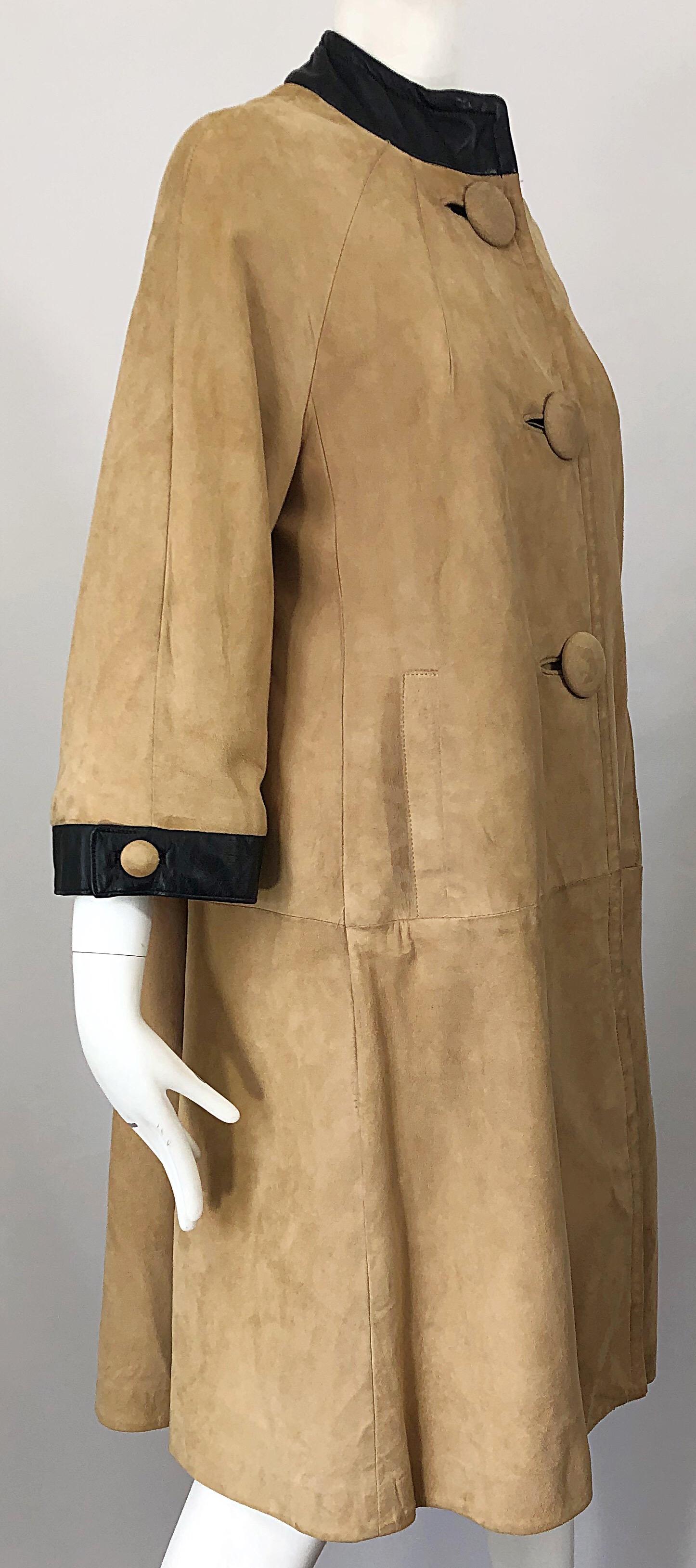 1960s Lillie Rubin Tan + Black Suede and Leather Vintage 60s Swing Jacket Coat 5