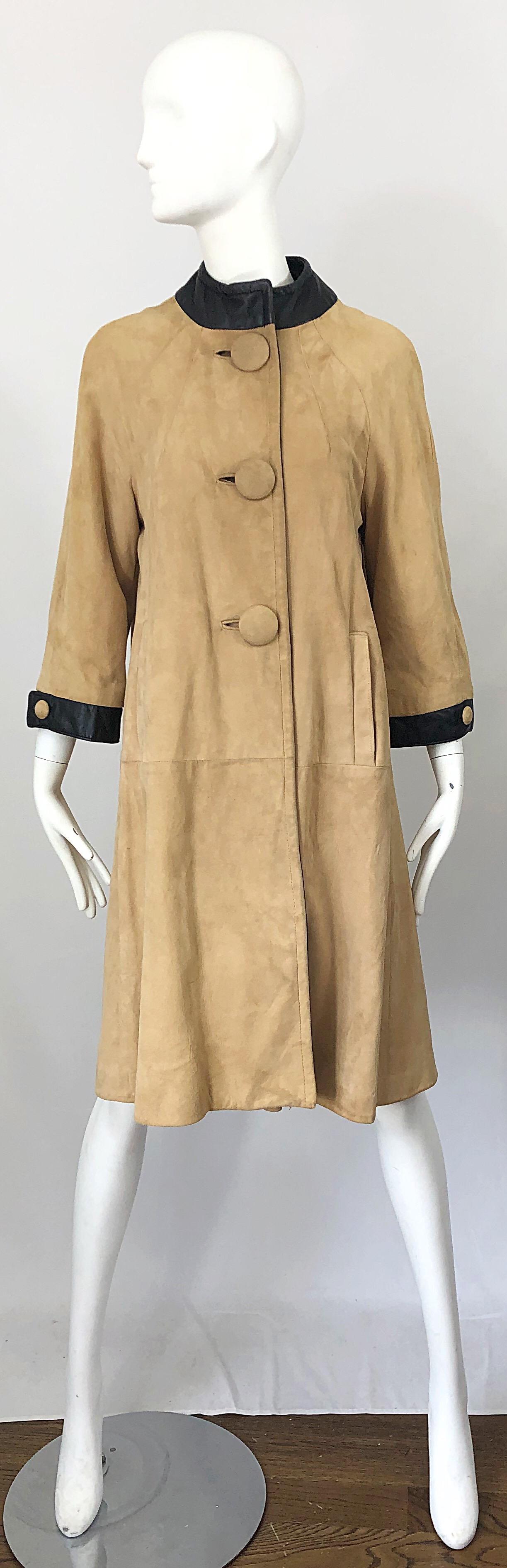 1960s Lillie Rubin Tan + Black Suede and Leather Vintage 60s Swing Jacket Coat 7