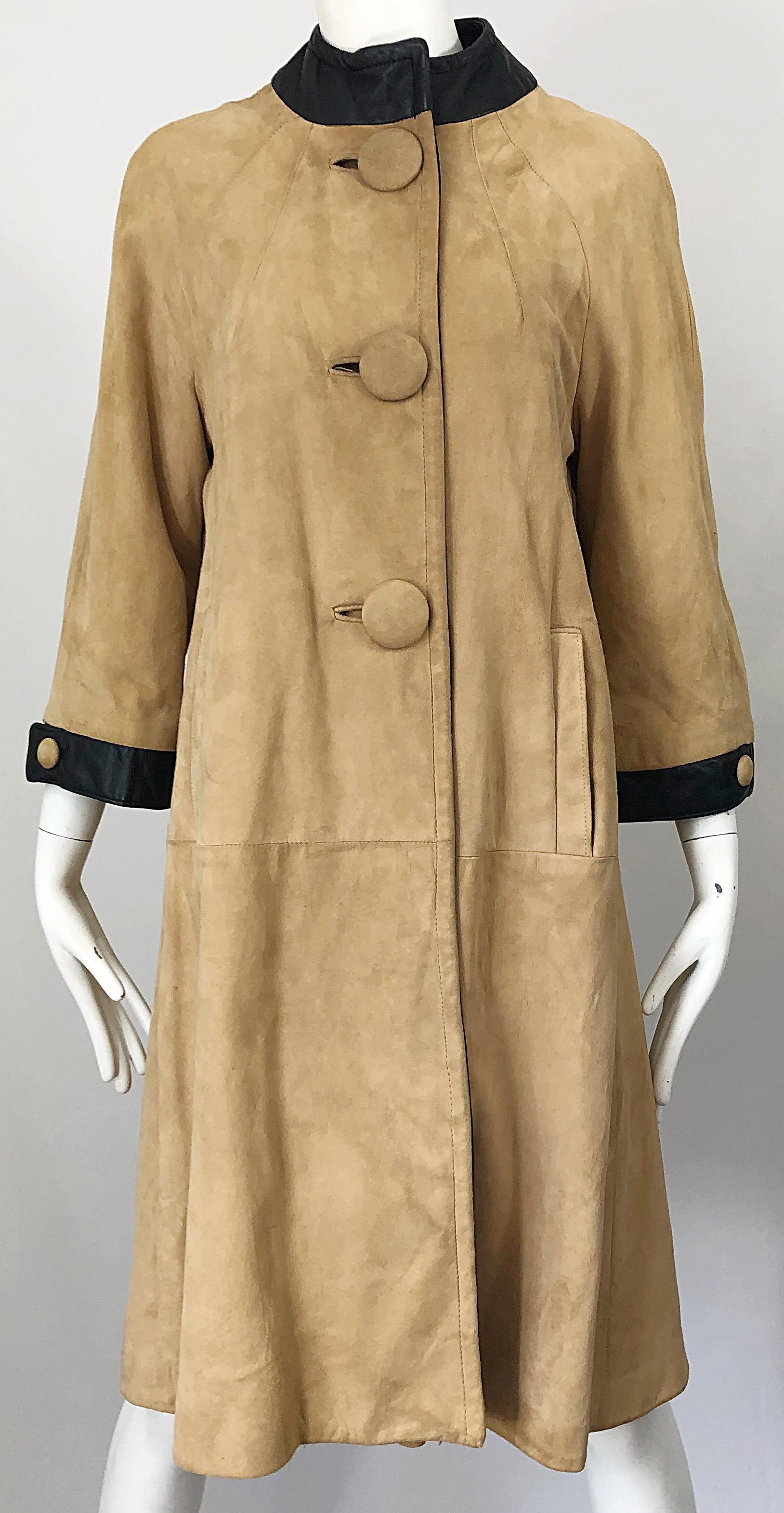 1960s Lillie Rubin Tan + Black Suede and Leather Vintage 60s Swing Jacket Coat 1