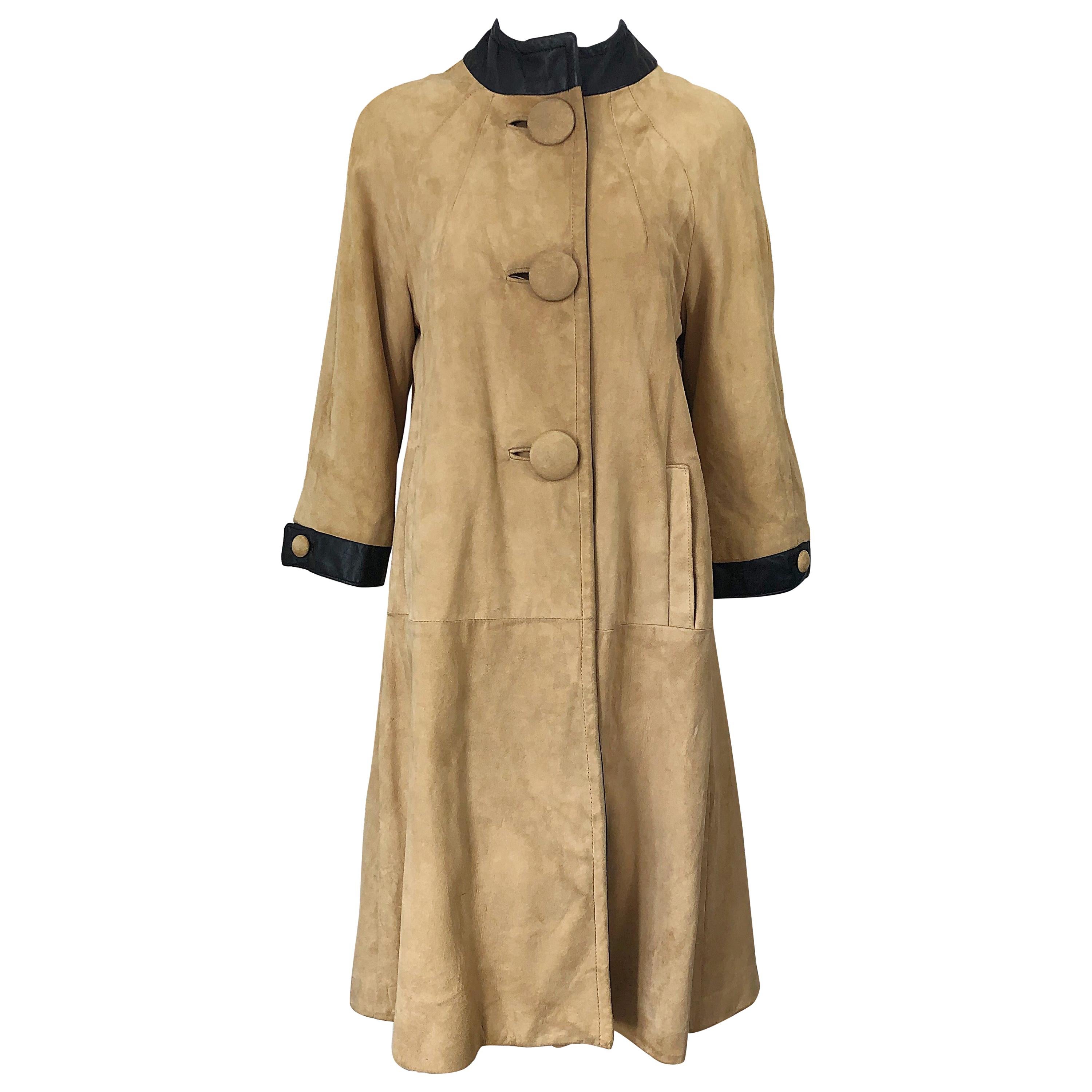 1960s Lillie Rubin Tan + Black Suede and Leather Vintage 60s Swing Jacket Coat