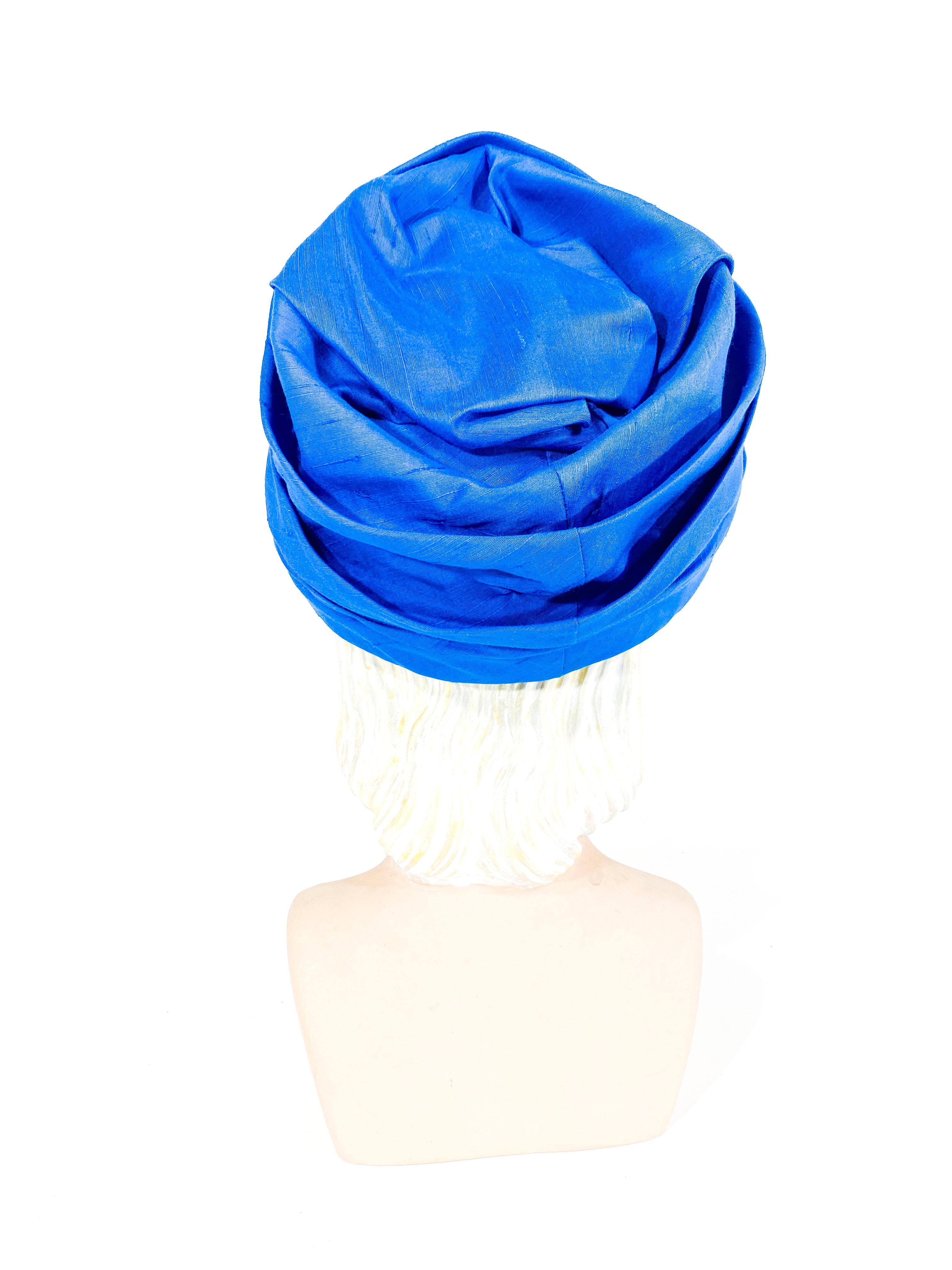 1960s Lilly Daché Azure Blue Modified Turban In Good Condition For Sale In San Francisco, CA