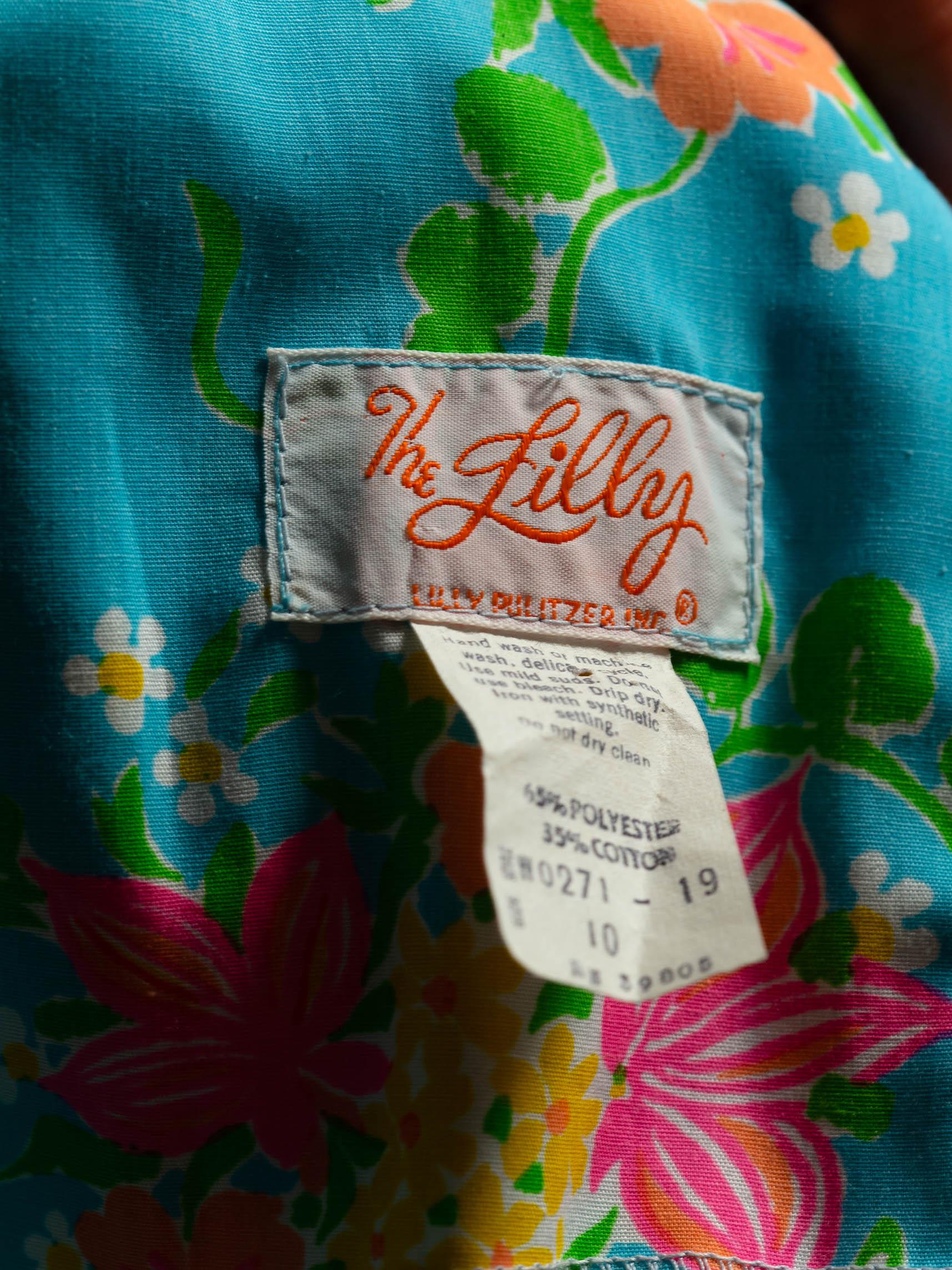 1960S LILLY PULITZER Blue Floral Organic Cotton Printed Dress For Sale 1