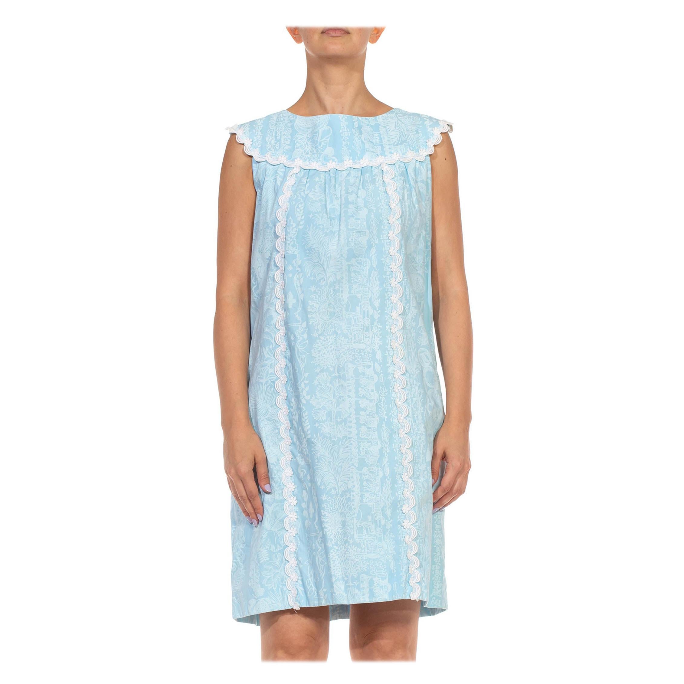 1960S LILLY PULITZER Blue & White Floral Organic Cotton Lace Sleveless Dress For Sale