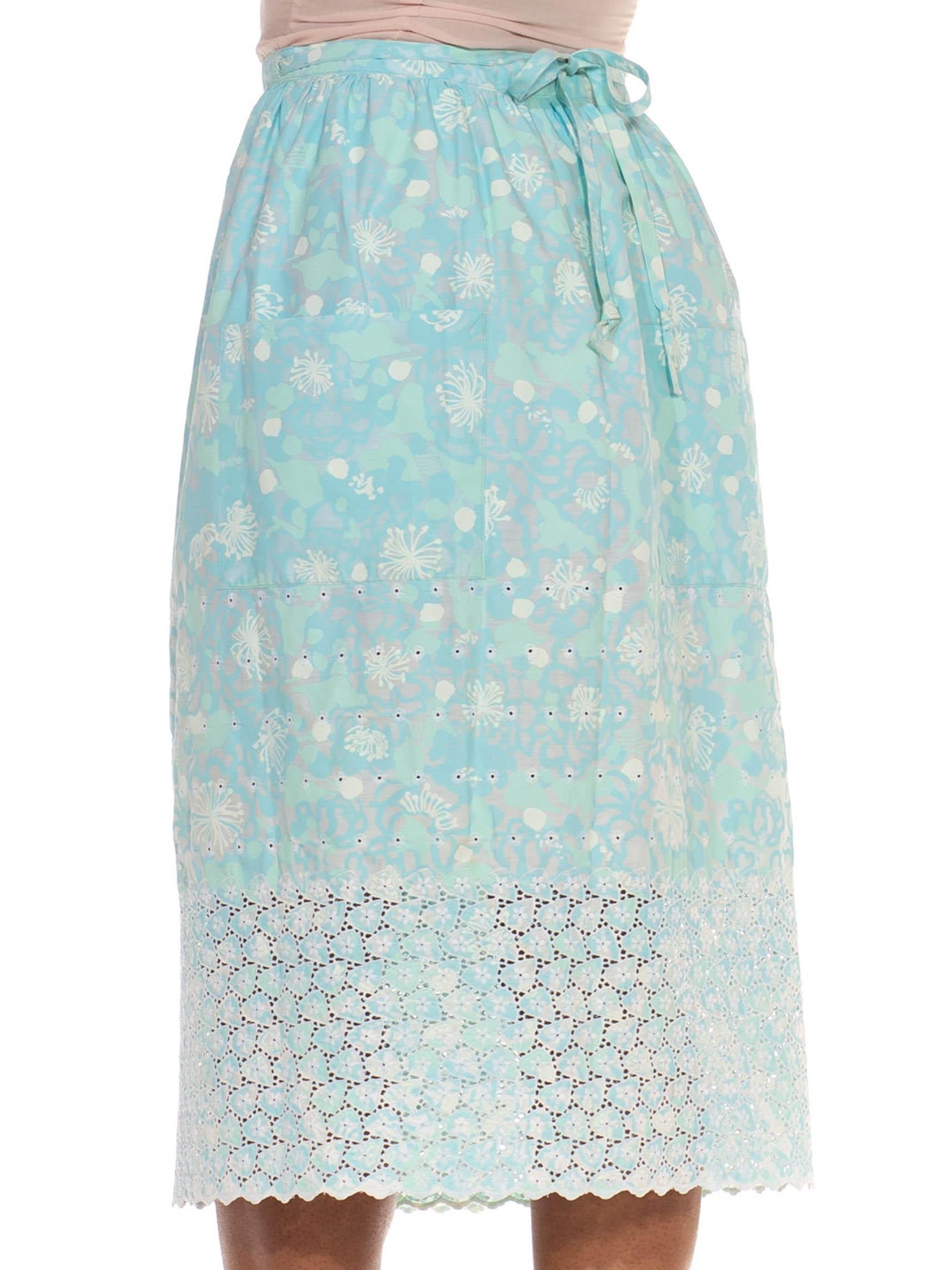 1960S LILLY PULITZER Light Blue & White Cotton Floral Broiderie Trim Skirt For Sale 2