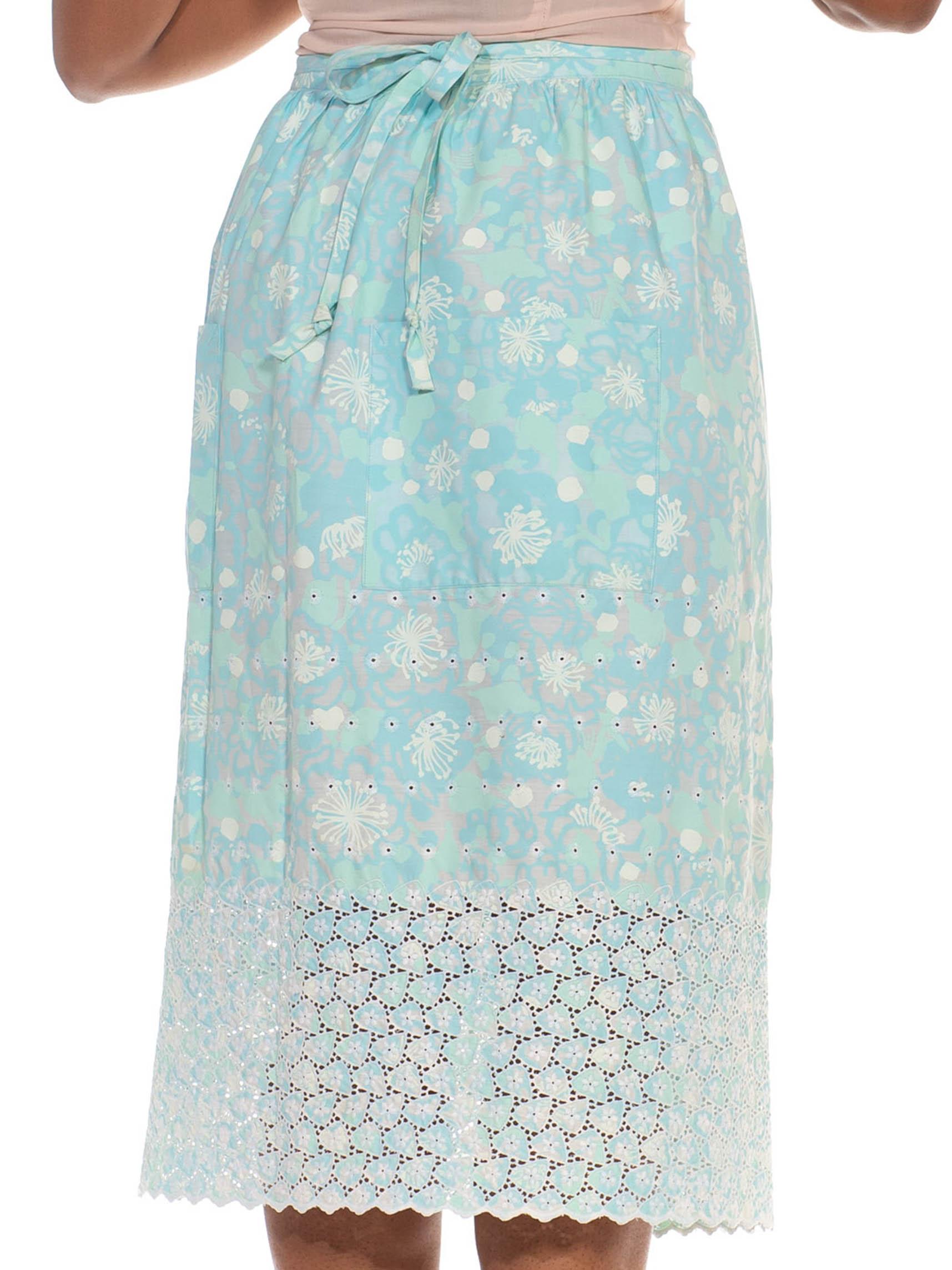 1960S LILLY PULITZER Light Blue & White Cotton Floral Broiderie Trim Skirt For Sale 3