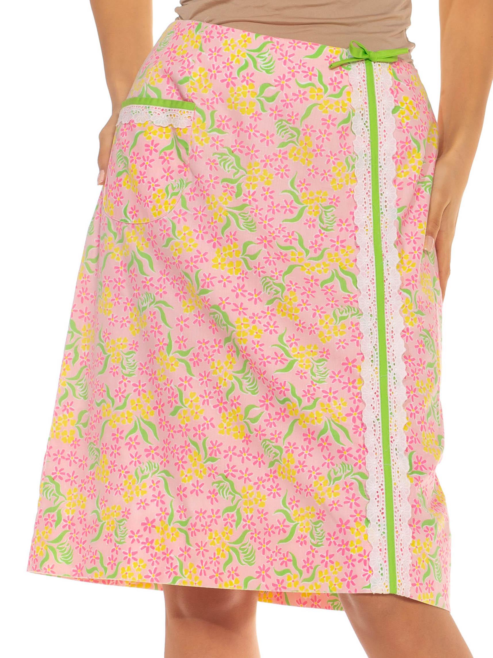 Orange 1960S Lilly Pulitzer Light Pink & Green Cotton Floral Lace Trim Skirt