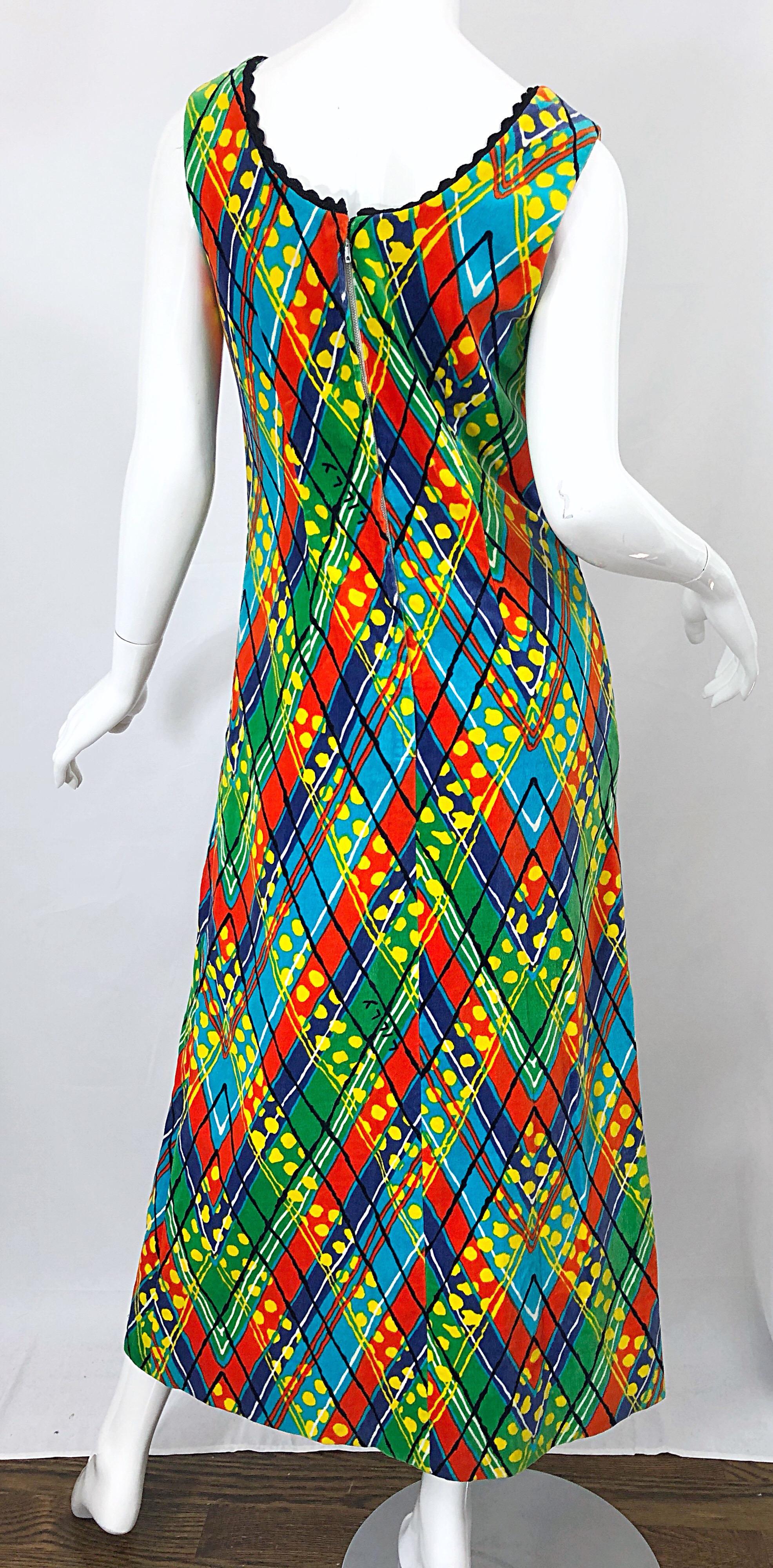 1960s Lilly Pulitzer Op Art Splatter Paint Colorful Velvet Vintage Maxi Dress For Sale 5