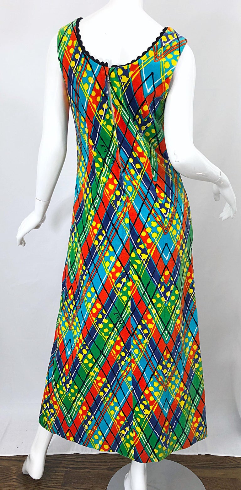 1960s Lilly Pulitzer Op Art Splatter Paint Colorful Velvet Vintage Maxi