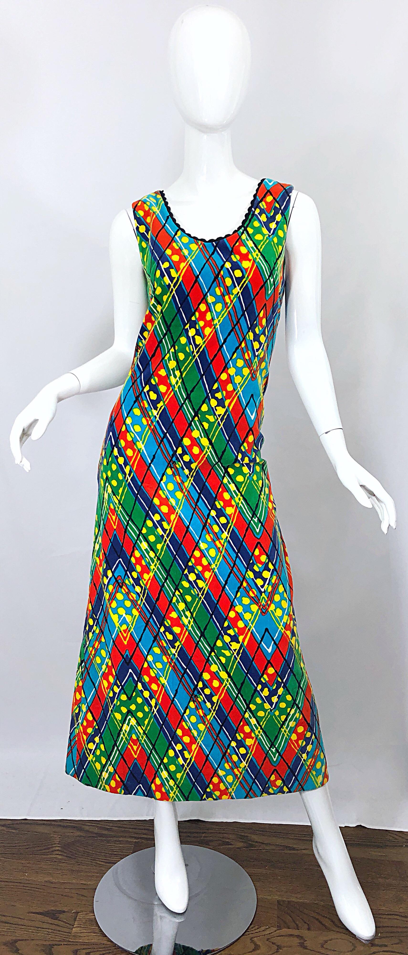 1960s Lilly Pulitzer Op Art Splatter Paint Colorful Velvet Vintage Maxi Dress For Sale 10