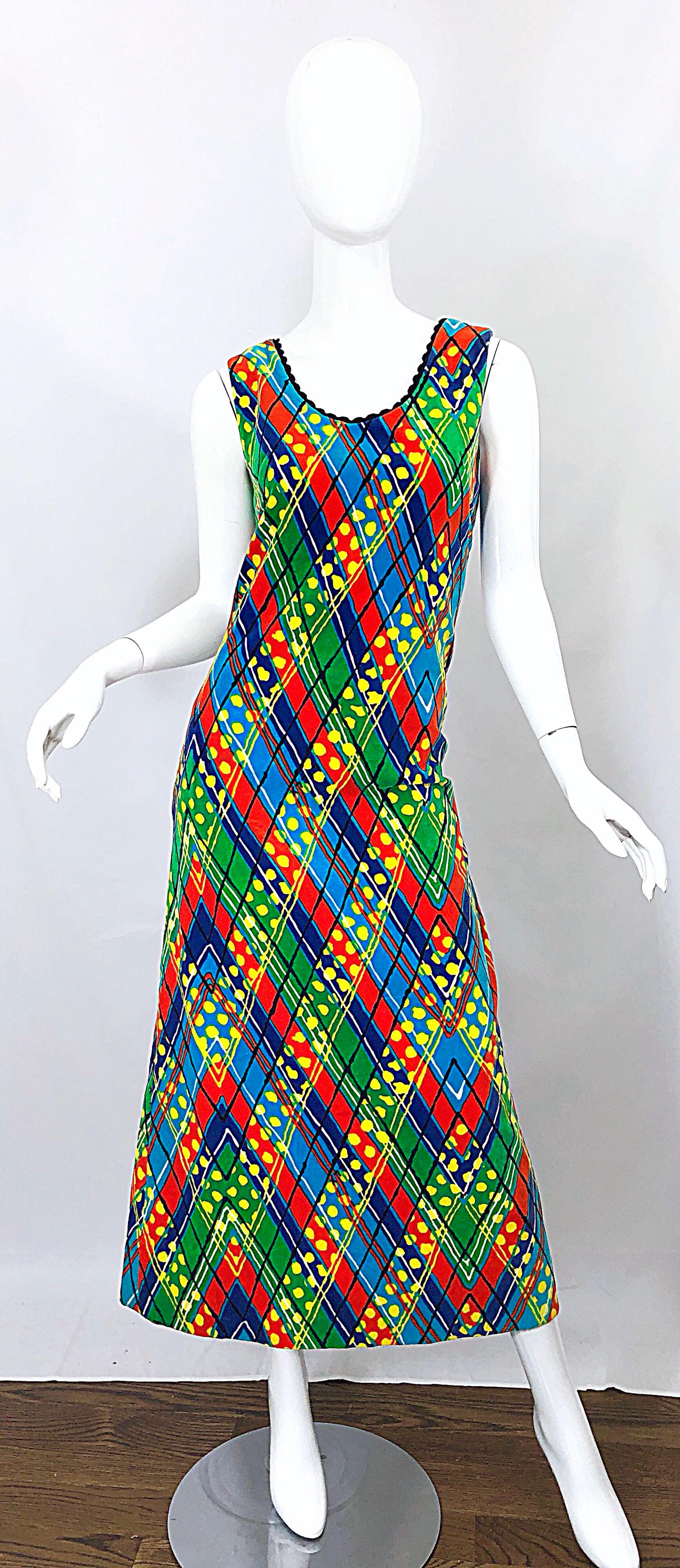 Chic and rare 60s LILLY PULITZER colorful op-art print cotton velvet maxi dress! Features chevron prints in vibrant colors of blues, green and orange. Contrasting thin stripes in black, orange, white and blue. And, to top it all off, there are