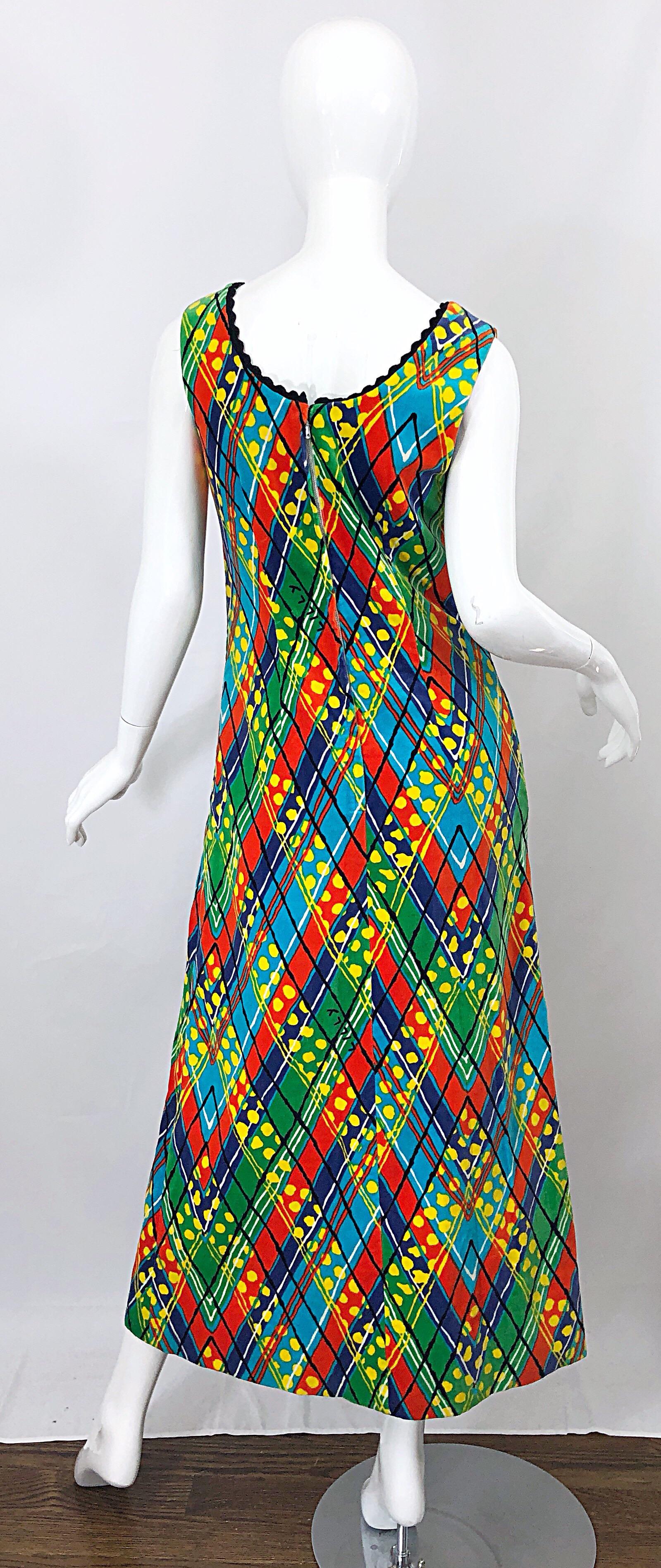 1960s Lilly Pulitzer Op Art Splatter Paint Colorful Velvet Vintage Maxi Dress For Sale 2