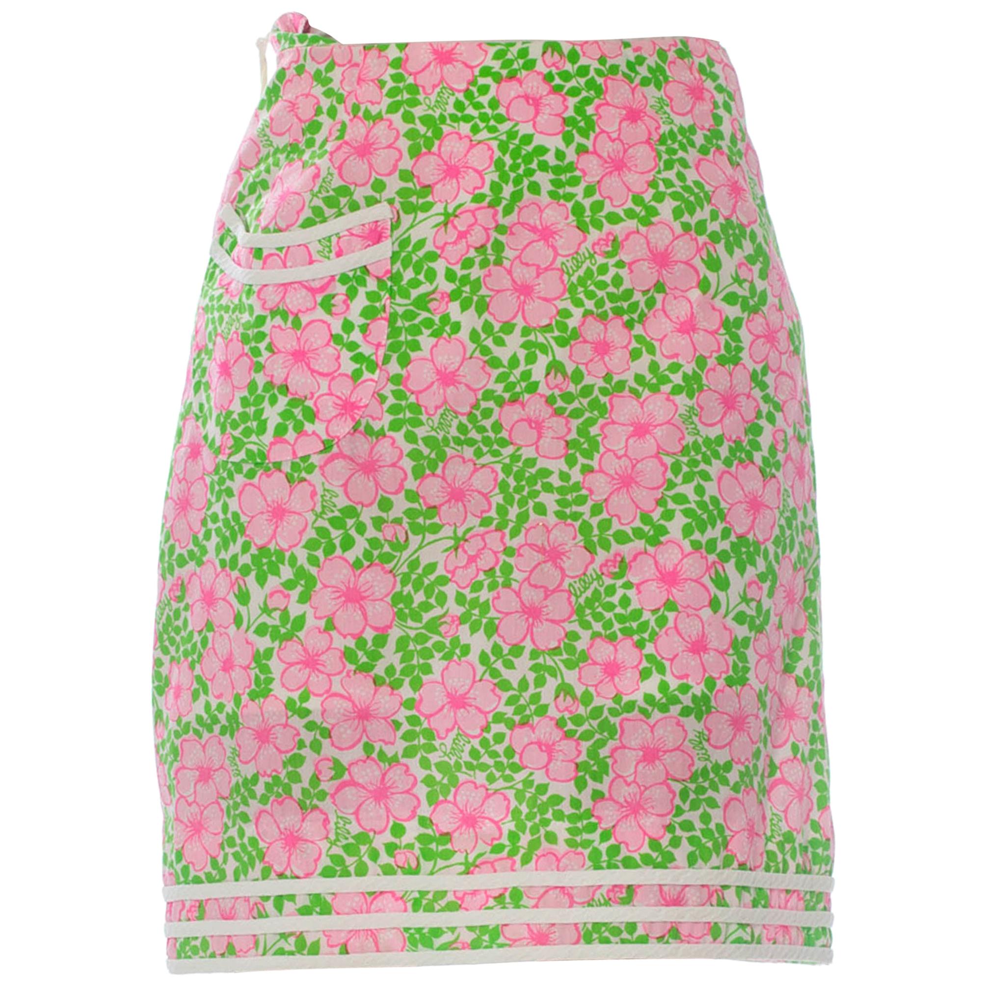 1960S LILLY PULITZER Pink  & Green Cotton Floral Mini Skirt