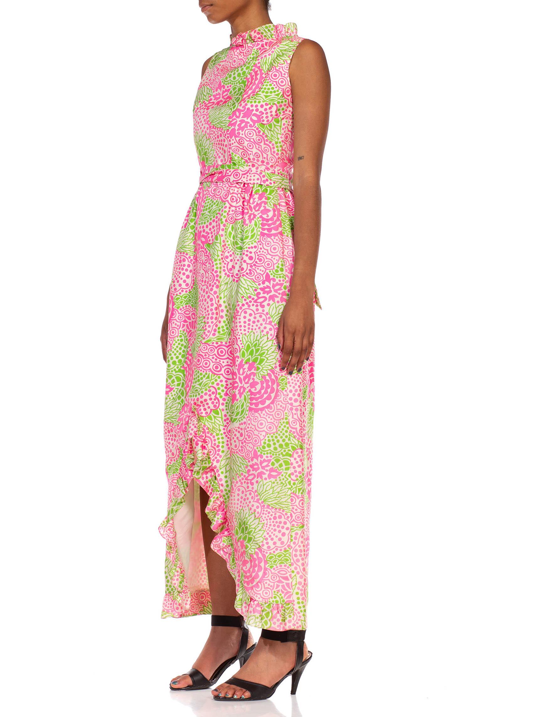 1960S LILLY PULITZER Style Pink & Green Cotton Sleeveless Maxi Dress With Sash Belt
