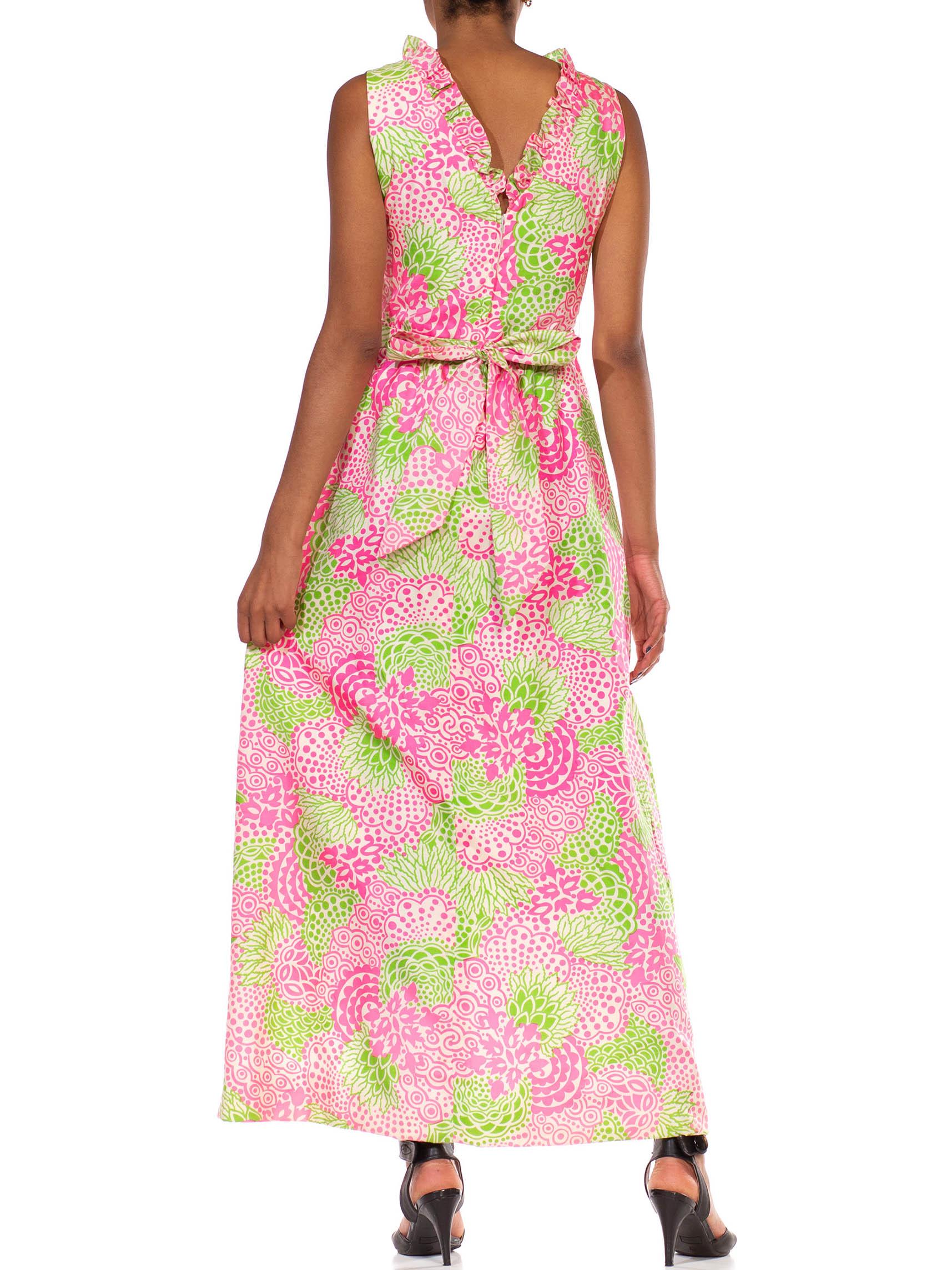 Beige 1960S LILLY PULITZER Style Pink & Green Cotton Sleeveless Maxi Dress 