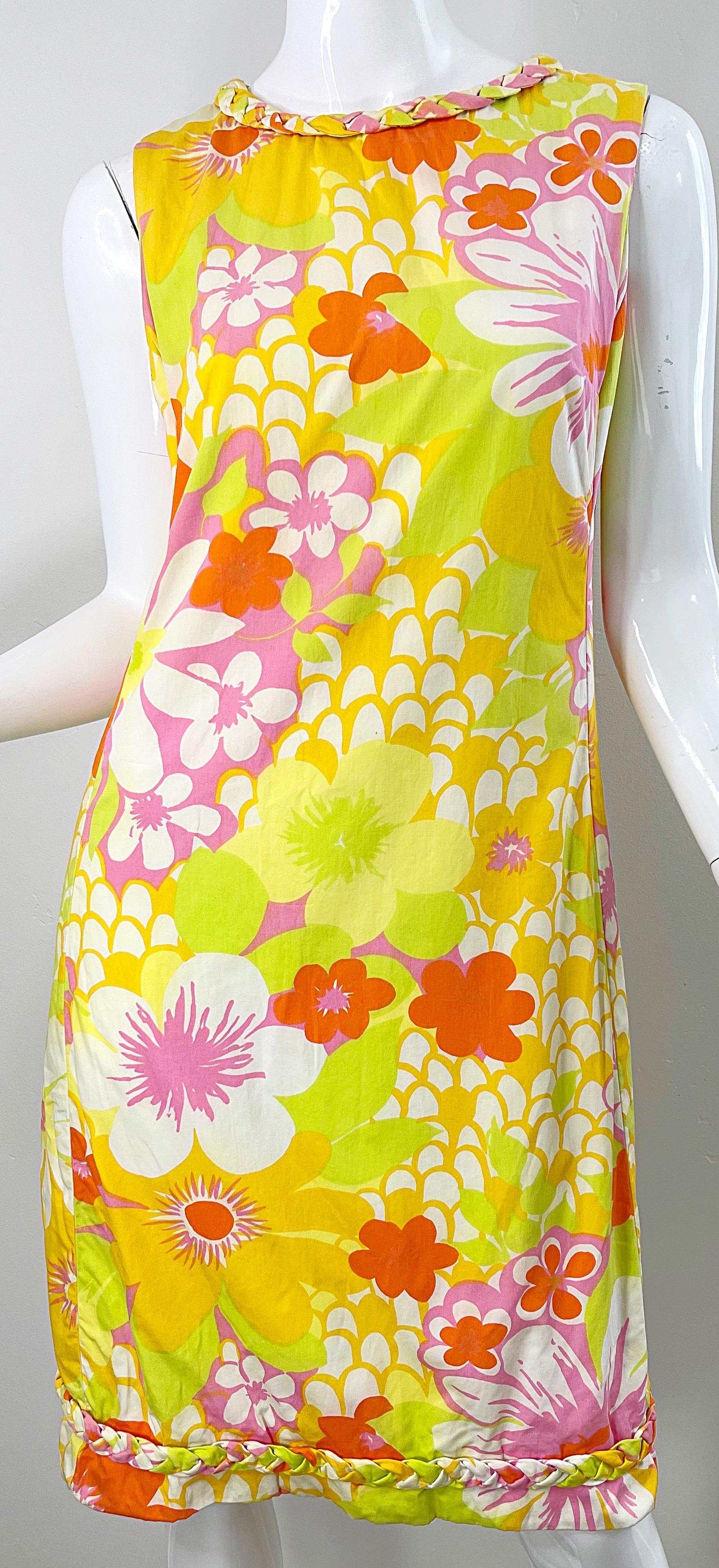 1960s Lilly Pulitzer The Lilly Yellow Pink Cotton Hawaiian Tropical Shift Dress For Sale 2