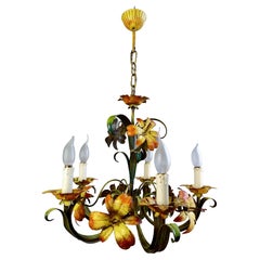 1960s Lily flowers Tole lacquered hand-crafted five-light Italian chandelier.