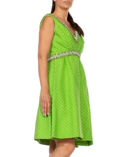 1960S Lime Green Cotton Jacquard Cocktail Dress With Beaded Neckline And Waist