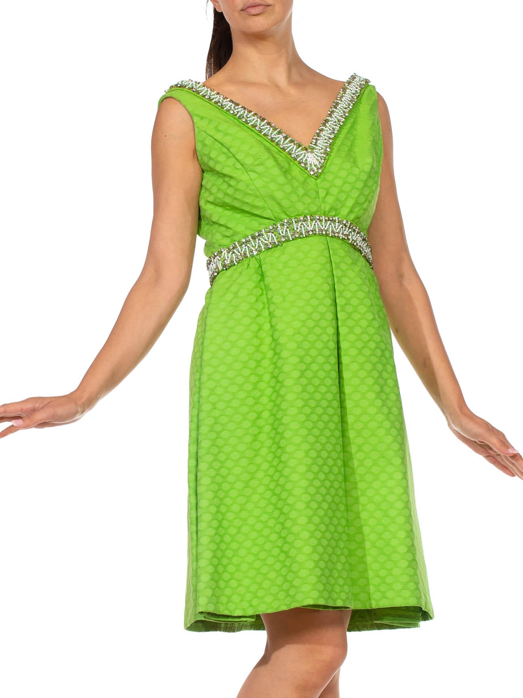 1960S Lime Green Cotton Jacquard Cocktail Dress With Beaded Neckline And Waist In Excellent Condition For Sale In New York, NY