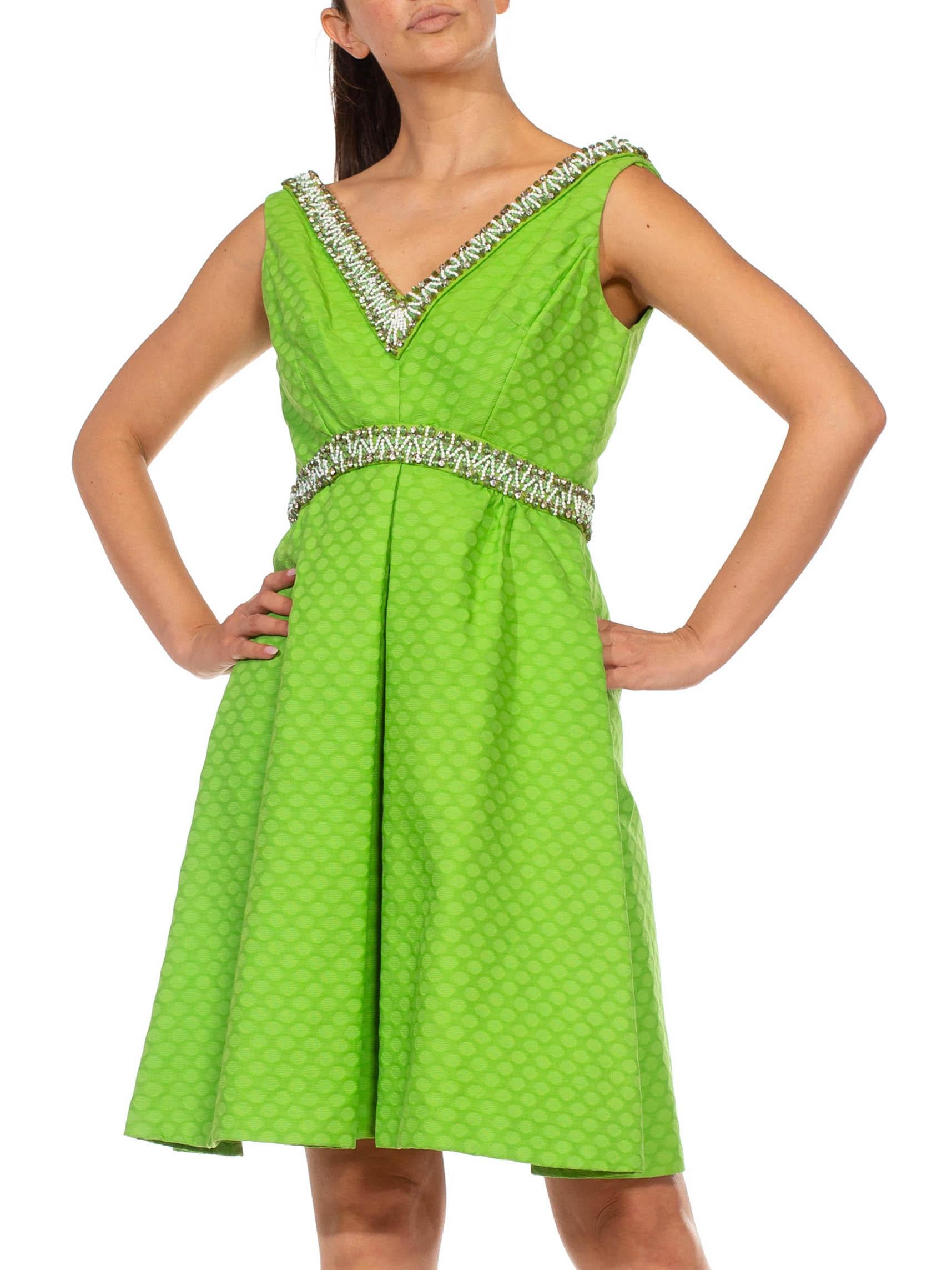 Women's 1960S Lime Green Cotton Jacquard Cocktail Dress With Beaded Neckline And Waist For Sale