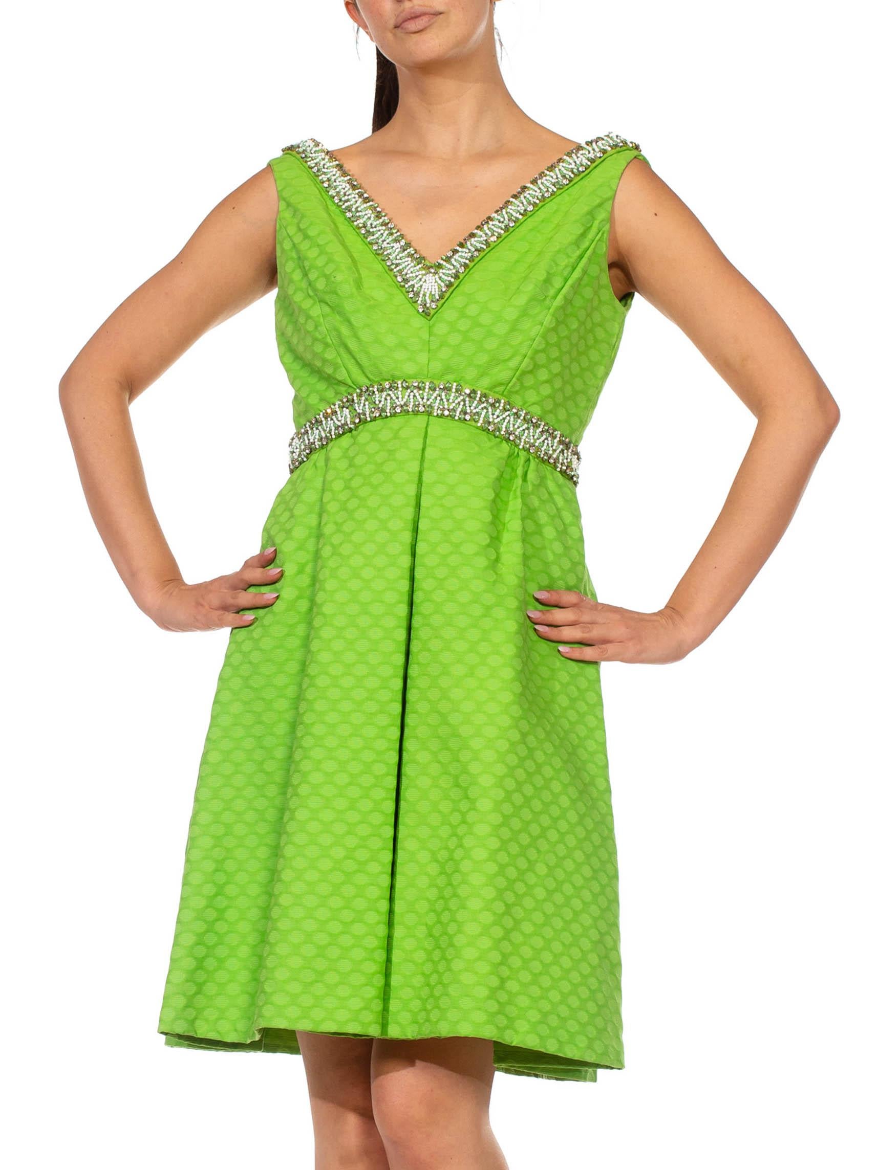 1960S Lime Green Cotton Jacquard Cocktail Dress With Beaded Neckline And Waist For Sale 1